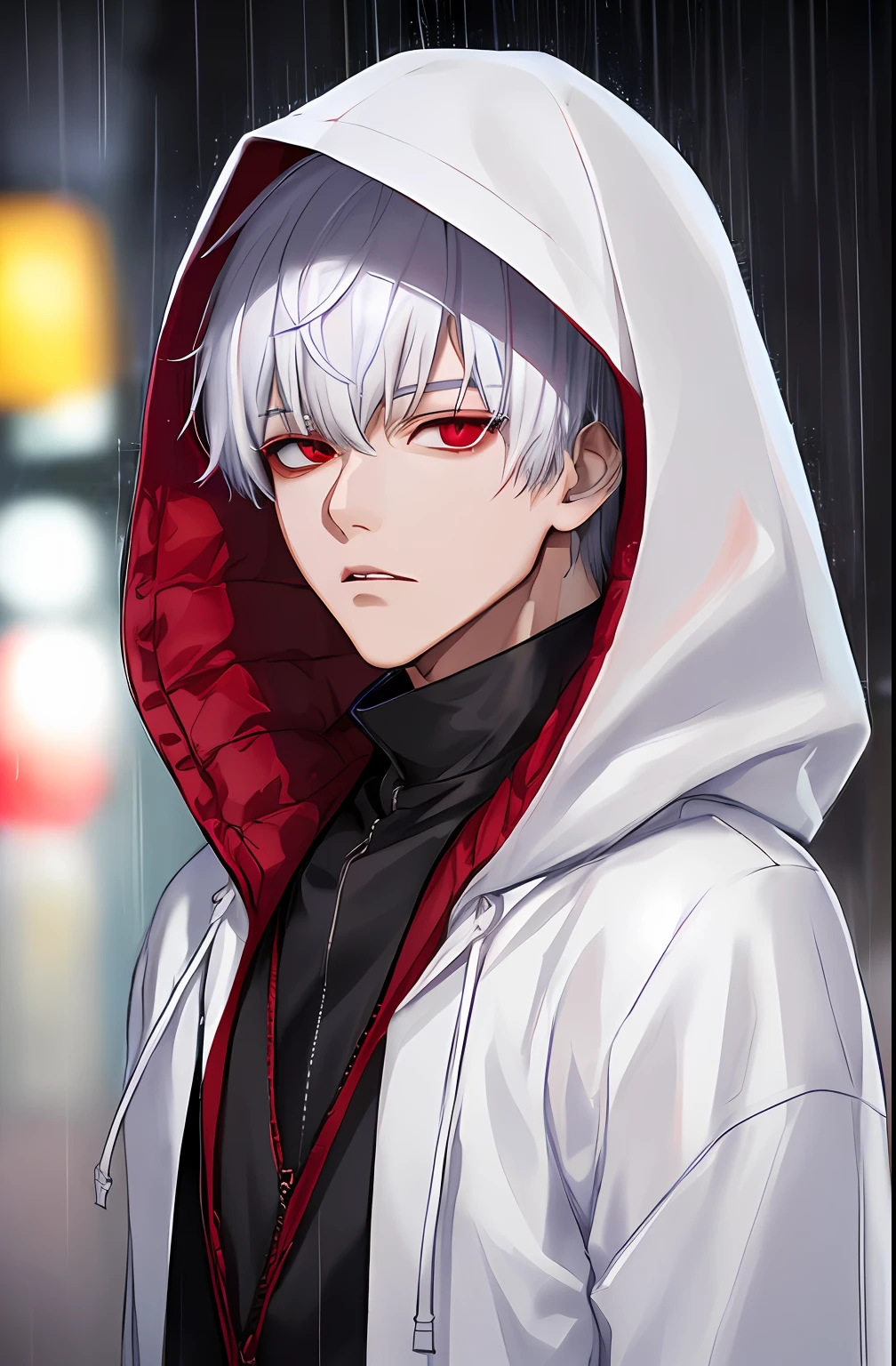 kk, best quality, more details, masterpiece, 1boy, kaneki ken, portrait, male focus, red eyes, solo, bangs, looking at viewer, hood, short hair, rain, tokyo tokyo \(city\), hood up, nail polish, white hair, luxurious, 8k, detailed, ray tracing, depth of field, cinematic lighting,