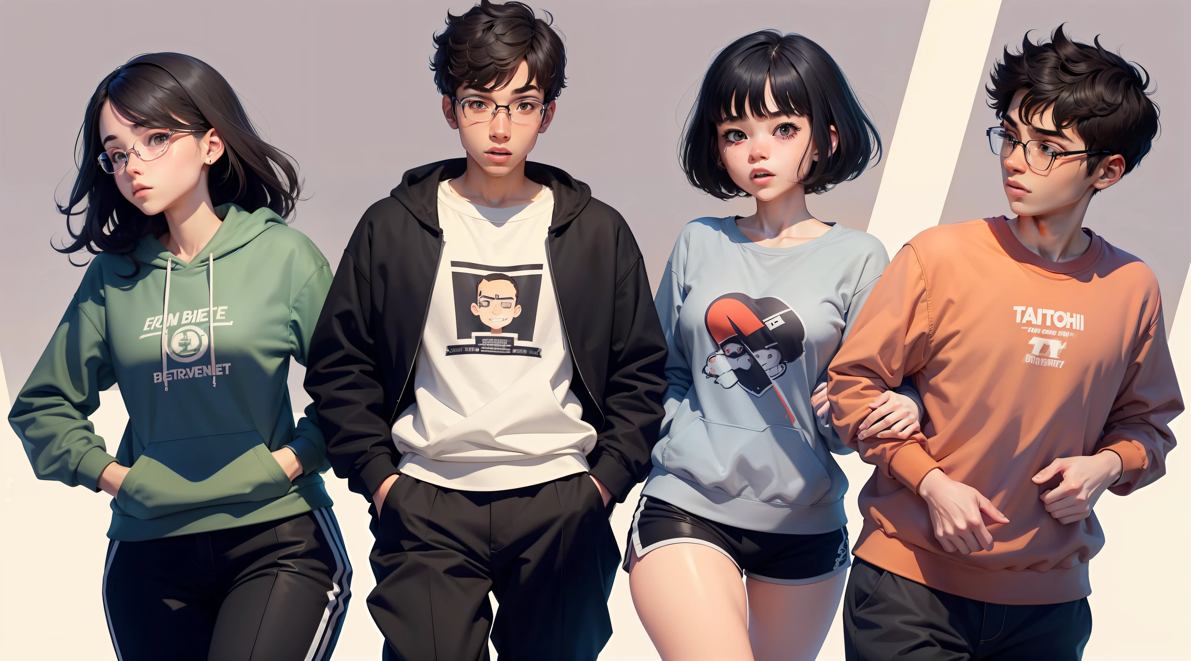 There were 3 college students running head-on,Two boys and a girl,Wear a long-sleeved sweatshirt and long pants,orthofacial,Positive orientation,full bodyesbian,lo-fi illustration style,flatillustration,Illustration style,Animated illustration style,Detailed 2D illustration,digital 2d illustration,Cartoon style illustration,Business illustration,2D illustration