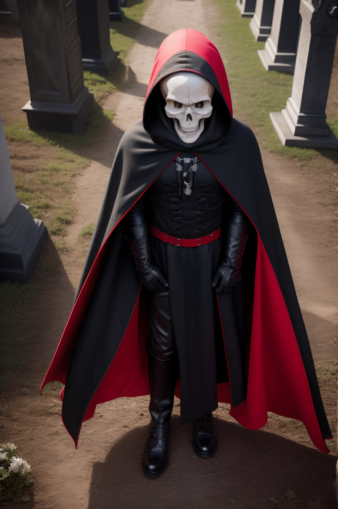 Skull dressed in black and red cape in cemetery, obra prima, hiper realista, at dark night, luz velas acesas