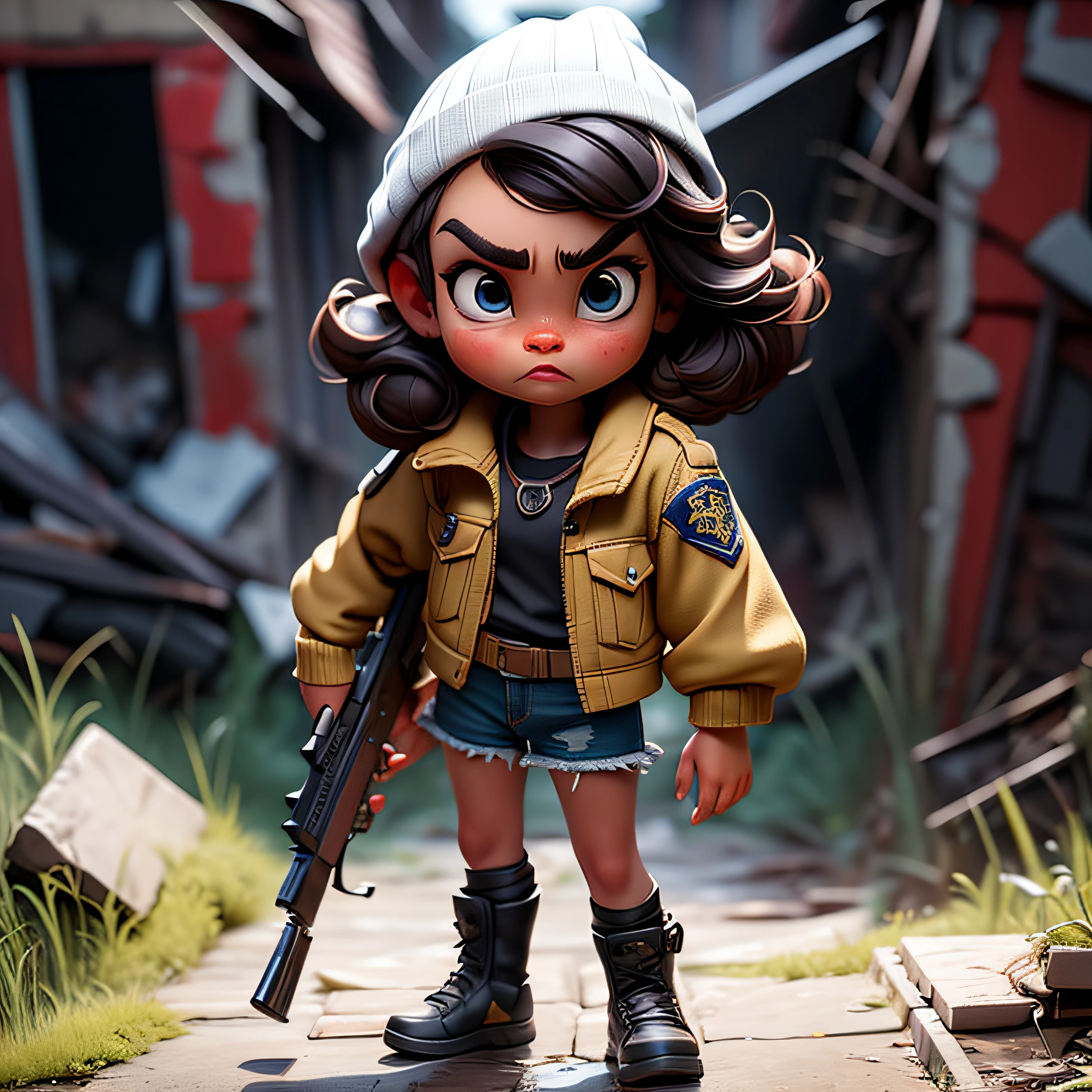 "Beautiful survivor girl" Wearing "Beanie and denim shorts jacket", The rifle in her hand, Wearing a police uniform has, Thick eyebrows, Tanned skin, Black hair, full bodyesbian, destroyed city, postapocalyptic, Fallout, full bloom, 8K, A high resolution, Best quality, High details, Vivid colors, Sharp focus, intrincate detail, Cinematic lighting，There is a police in the chest，Full body view