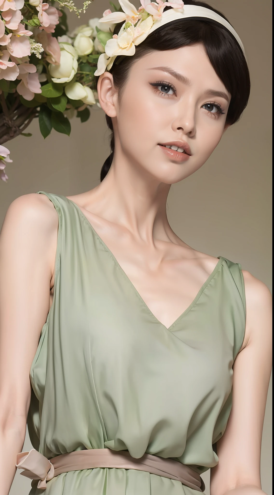 Fashion model 20 years old [[[[closeup cleavage]]]], [[[[boobgasm]]]], [[[[coll]]]], [[[[bshoulders]]]], perfect  eyes, Perfect iris，Perfect lips，perfect teeth，Perfect skin，with fair skin，Long face，slender nose，Soft front light，hdr，Movie girl，Casual，The background is outdoor，Green trees and flowers，（pastel colour：1.2）