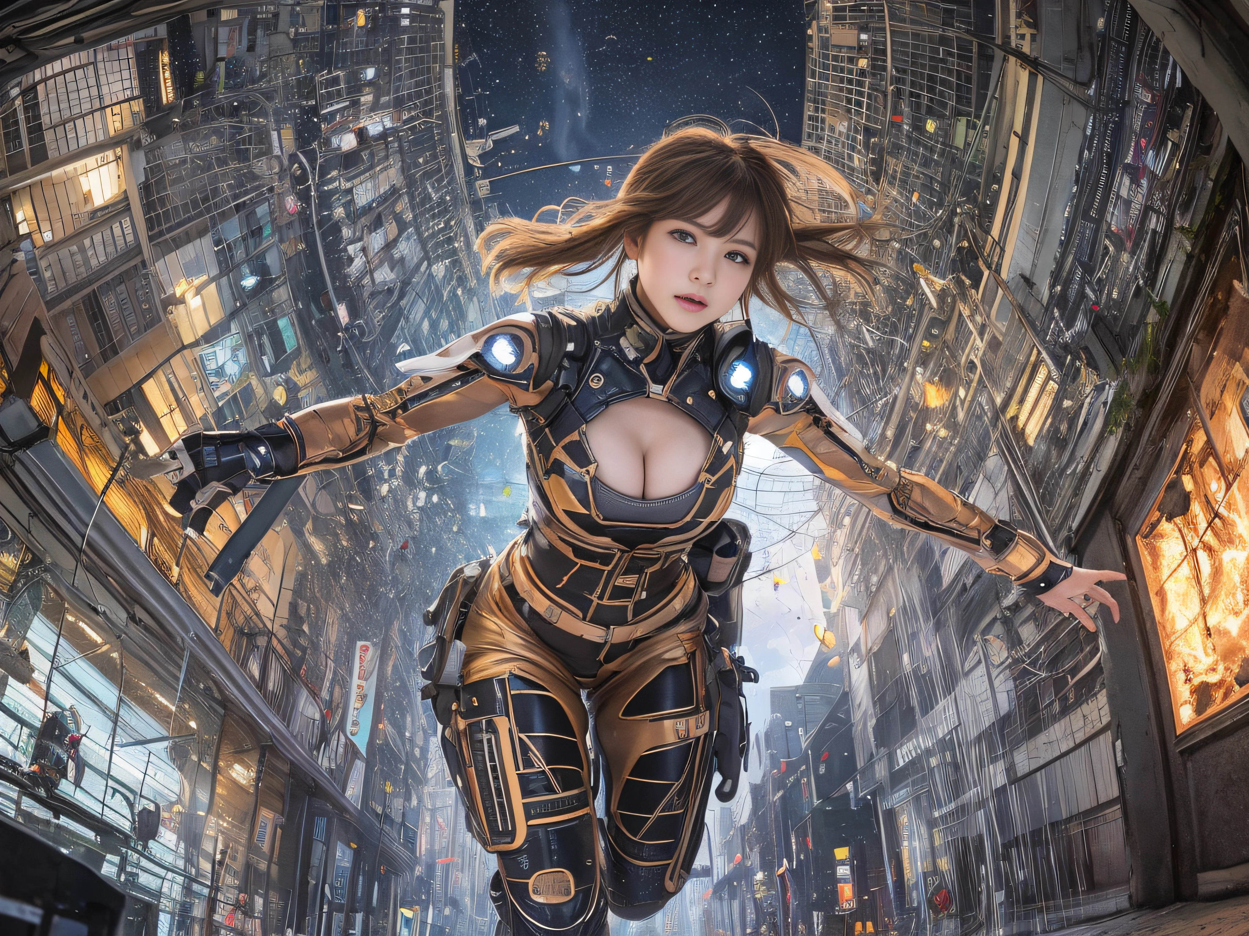 Top image quality, 电影灯光, octan render, ultrasharp, 1 girl in, japanes, embarassed face, glowy skin, Brown hair, Futuristic pilot suit, of the breast, re of the abdomen, intricate detailes, Runaway, Running at full speed, Breaking through the glass, Flying glass fragments, cyberpunked, Night sky with countless stars twinkling, ShiMilky Way, Heavy rain:1.3, Ruins, Laser beam attack, big explosion:1.3, Pillar of fire:1.2, A city engulfed in flames, floods, wetting hair:1.5, wetted skin:1.5, puddle, Detailed eyes, detailed skin textures, cammel toe, Detailed CG image quality, 8mm fisheye lens, Angle looking up from below:1.2, (Full Body Angle), The whole body is soaking wet, Fast shutter speed,