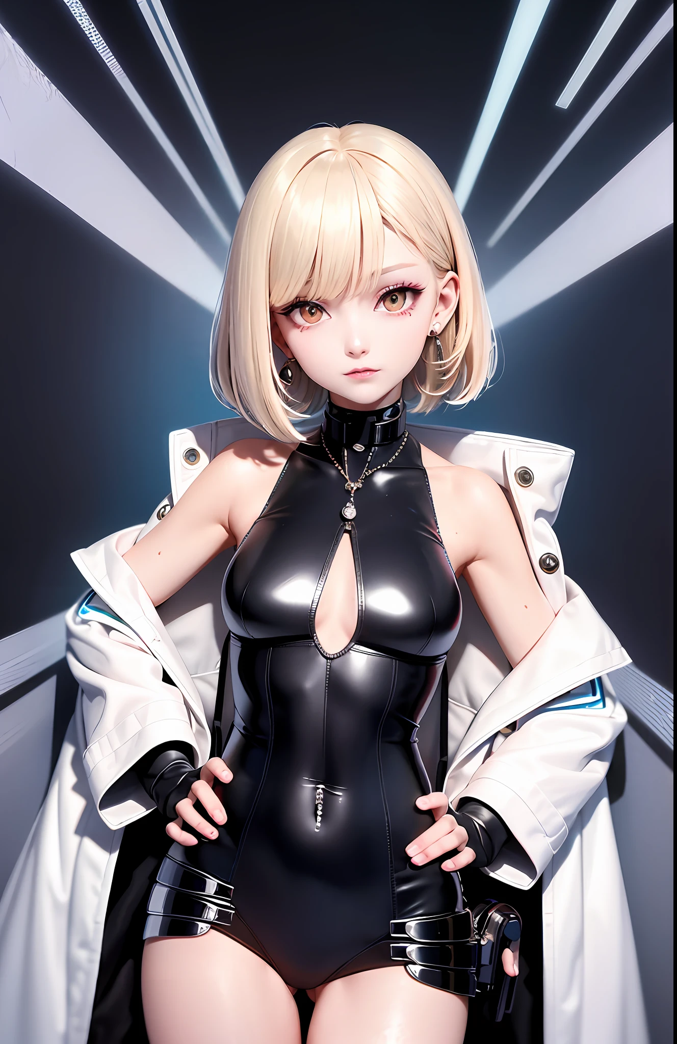 optimum,tmasterpiece,A high resolution,best qualtiy,hyper HD,super detailing,Award-Awarded,16k,独奏,(The upper part of the body),anatomy correct,Beautiful cyberpunk girl,Ex Machina,cute face,high light,Gradient Beige Hair,Hairline,((Scarlet eyes)),long eyelasher,Hanging eye corners,White skin of the,(small boobs),(Slim body),((Hooded short jacket)),((cocktail_dress)),ear studs,(neck rings), very short gloves,(Laser material clothing:1.2)
