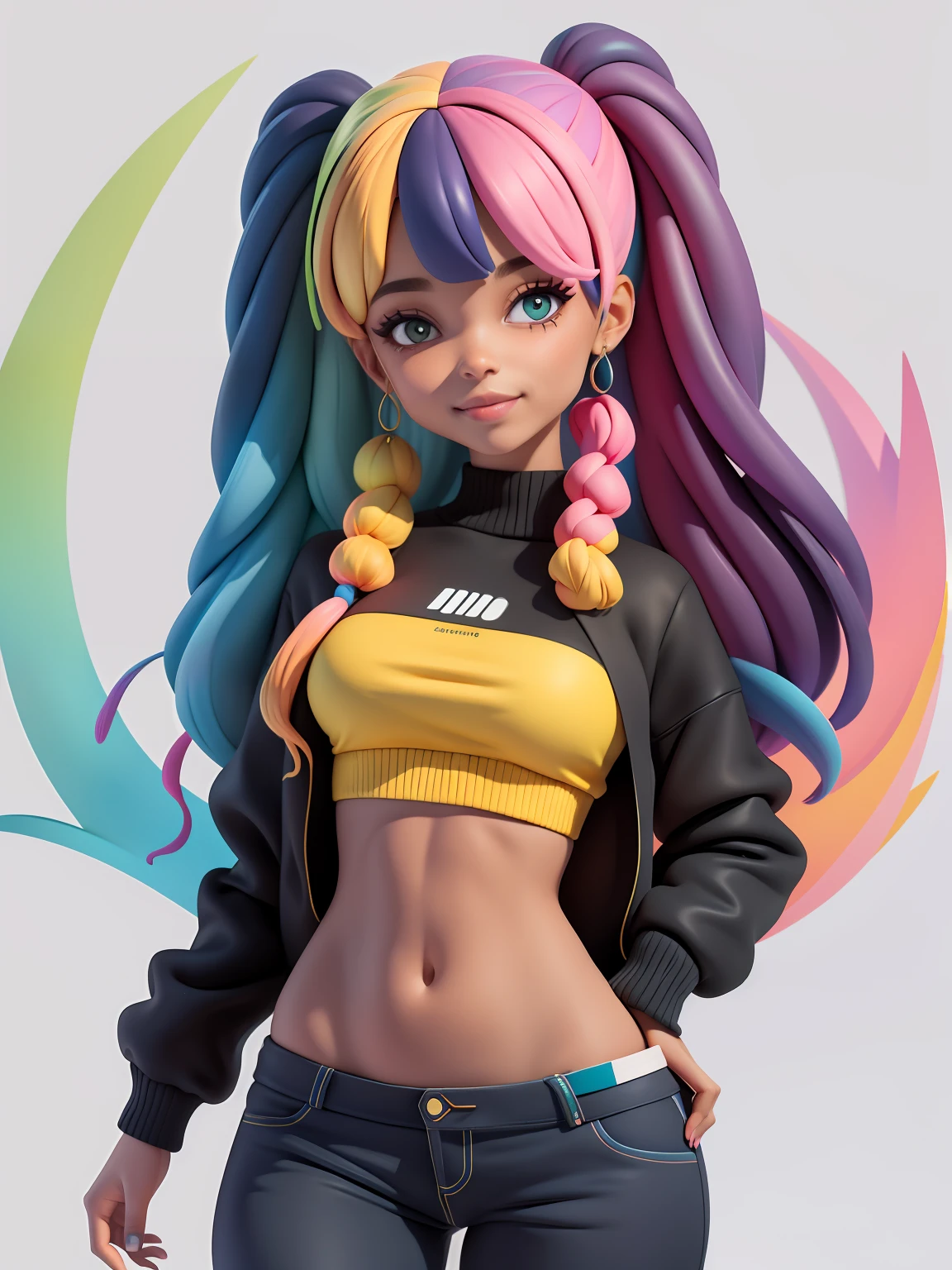 (obra-prima), (melhor qualidade), (ultra-detalhado), (corpo inteiro: 1.2) menina negra bonita e fofa, tema neon, moletom colorido, Knitted jumpsuits, Pants, jaqueta, blusa, sorriso claro, corpo inteiro, :3, fundo tom pastel , colorido e simples.