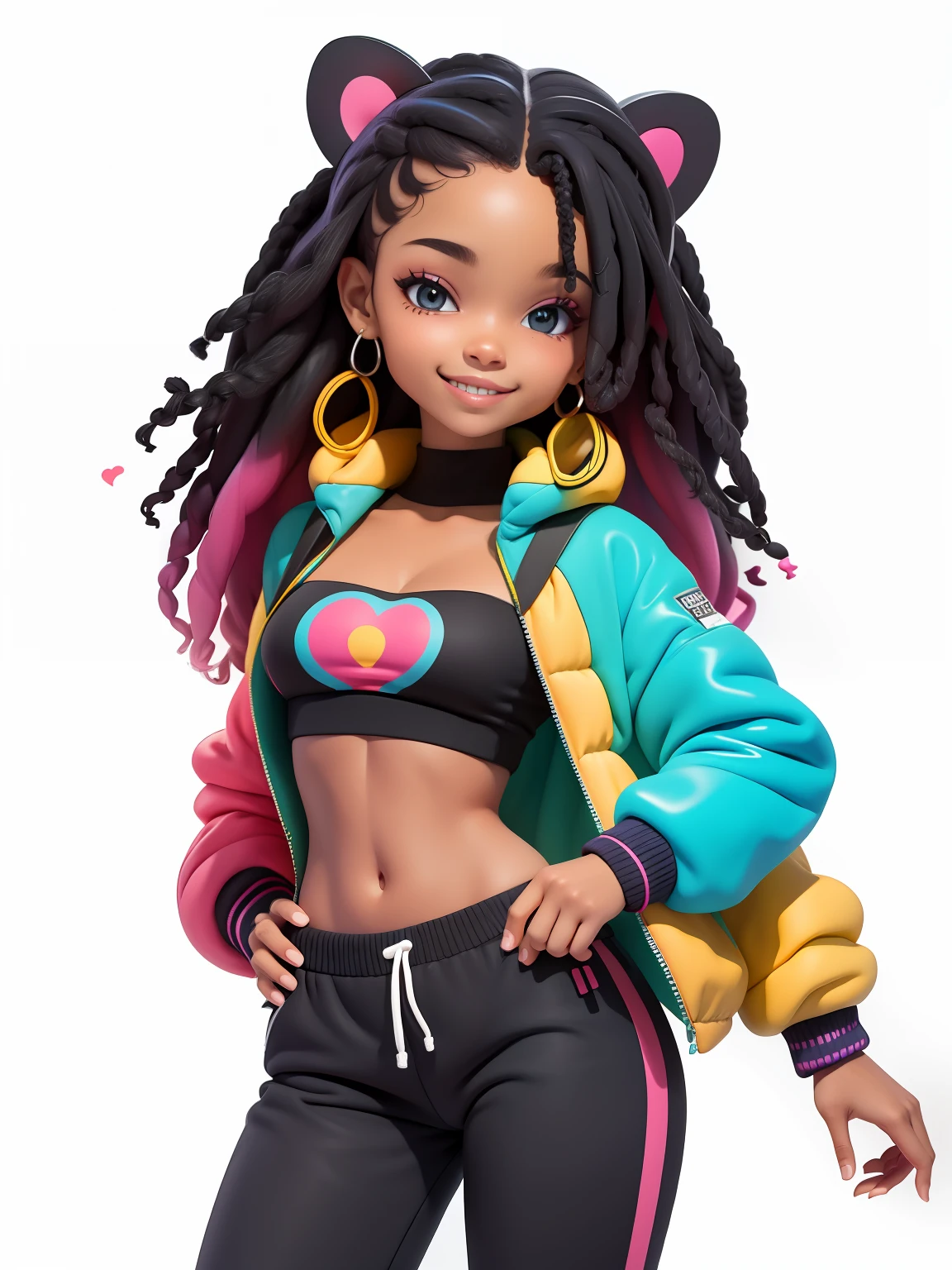 (obra-prima), (melhor qualidade), (ultra-detalhado), (corpo inteiro: 1.2) menina negra bonita e fofa, tema neon, moletom colorido, Knitted jumpsuits, Pants, jaqueta, blusa, sorriso claro, corpo inteiro, :3, fundo tom pastel , colorido e simples.