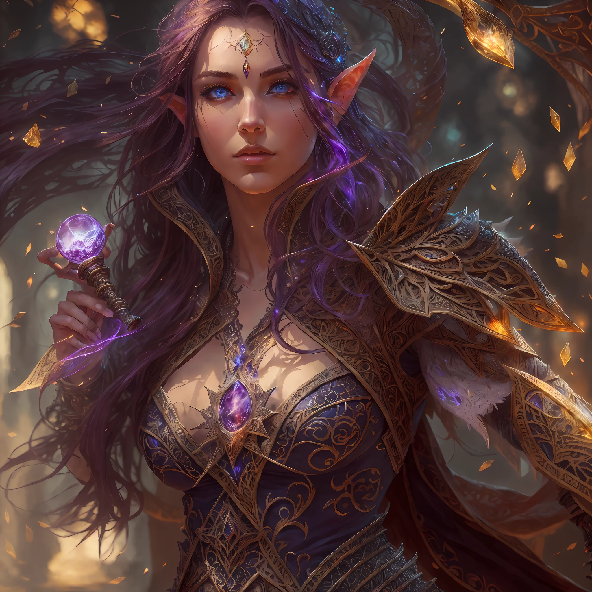 high details, best quality, 8k, [ultra detailed], masterpiece, best quality, (extremely detailed), ultra wide shot, photorealistic, fantasy art, dnd art, rpg art, realistic art, a wide angle picture of an epic female elf, arcane warrior, warrior of magic, fighter of the arcana, full body, [[anatomically correct]] full body, (1.5 intricate details, Masterpiece, best quality) casting a spell (1.5 intricate details, Masterpiece, best quality), casting an epic spell, [colorful magical sigils in the air],[ colorful arcane markings floating] (1.6 intricate details, Masterpiece, best quality) holding an [epic magical sword] (1.5 intricate details, Masterpiece, best quality) holding epic [magical sword glowing in red light] (1.5 intricate details, Masterpiece, best quality). in fantasy urban street (1.5 intricate details, Masterpiece, best quality), a female beautiful epic elf wearing elven leather armor (1.4 intricate details, Masterpiece, best quality), high heeled leather boots, ultra detailed face,  thick hair, long hair, dynamic hair, fair skin intense eyes, fantasy city background (intense details), sun light, backlight, depth of field (1.4 intricate details, Masterpiece, best quality), high details, best quality, highres, ultra wide angle