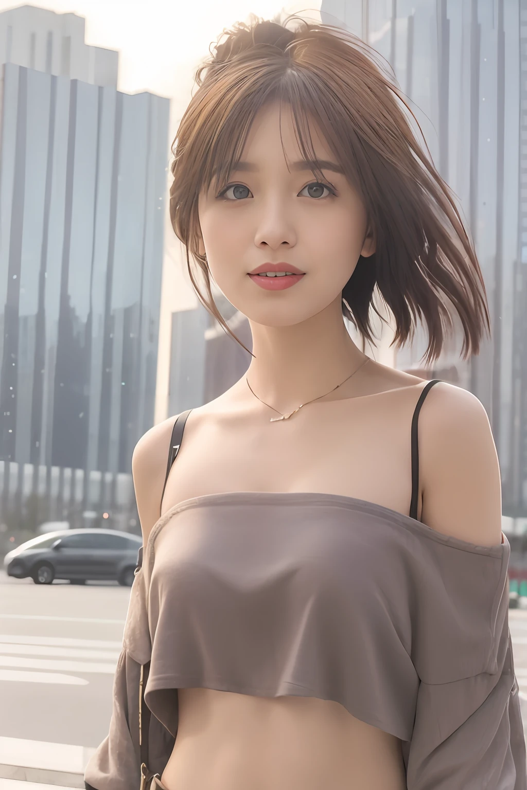 mix4，（8K，RAW photos，best qualtiy，tmasterpiece：1.2），（realisticlying，photograph realistic：1.37），1girll，adolable，view over city，the night，Sateen，soggy，profesional lighting，photon maping，Radio City，physically-based renderingt，shyexpression，Bandeau，Crop topping，Off-the-shoulder cropped top