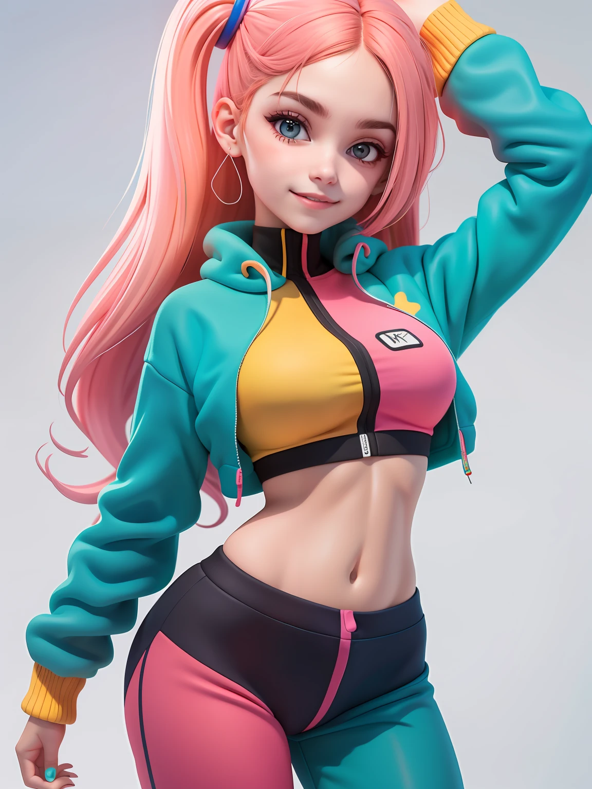 (obra-prima), (melhor qualidade), (ultra-detalhado), (corpo inteiro: 1.2) menina bonita e fofa, tema neon, capuz, moletom colorido, Knitted jumpsuits, Pants, jaqueta, blusa, sorriso claro, corpo inteiro, :3, fundo tom pastel , colorido e simples.