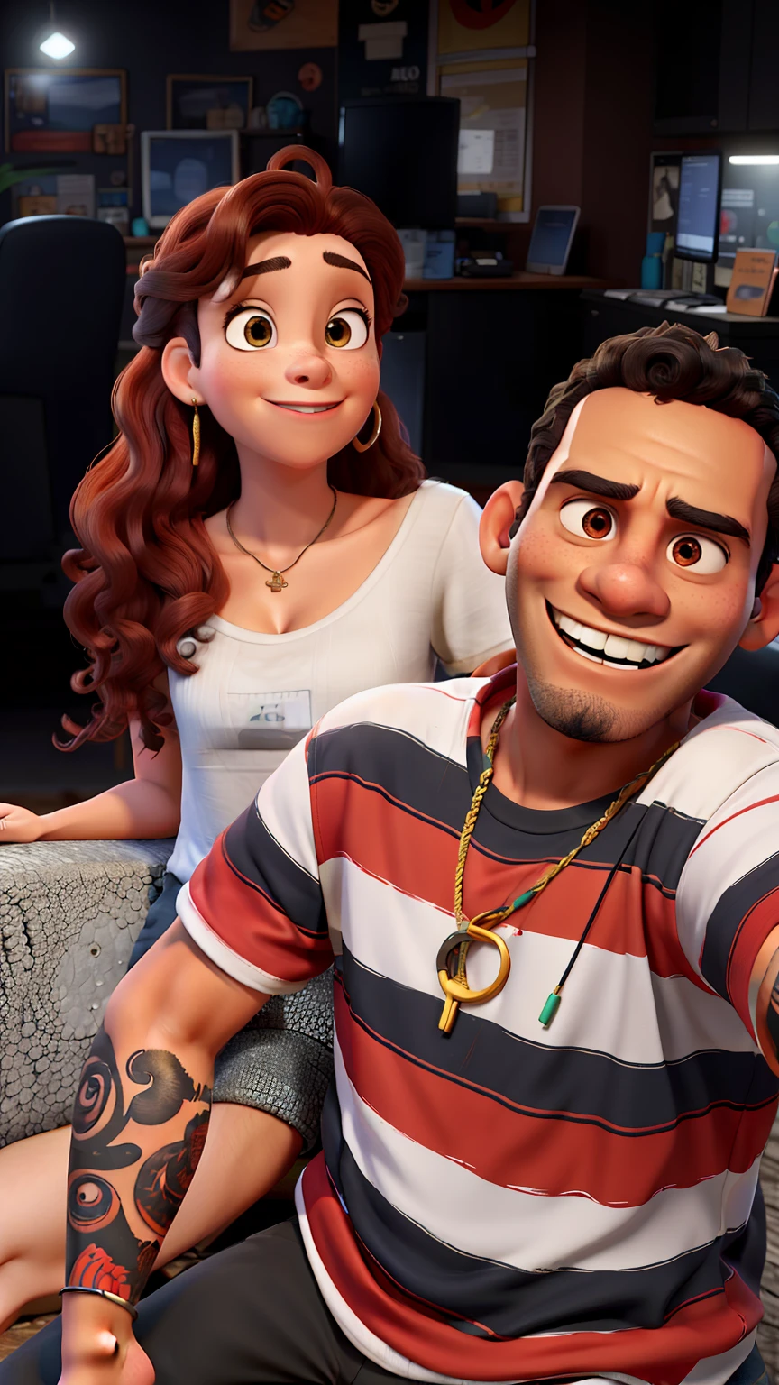 obra prima de um belo jovem, aproximadamente 20 anos, Curly black hair in ultra definition, serious face, raivoso, pele branca, Conjunto de camiseta vermelha com detalhe branco, bigode preto, cavanhaque no queixo bem detalhado, High Definition Hiphop Gold Cord, Black tattoo on the arm in high definition, beside him was a girl with smiling red hair, pele branca, e blusa bege, estilo Pixar, Disney, olhos castanhos, Pixar style in high definition pixar style, Disney in Ultra Definition, ao fundo uma escadaria estilo disney pixar, with vivid colors in high definition, professional studio cinematic lighting, with high-definition colors and details