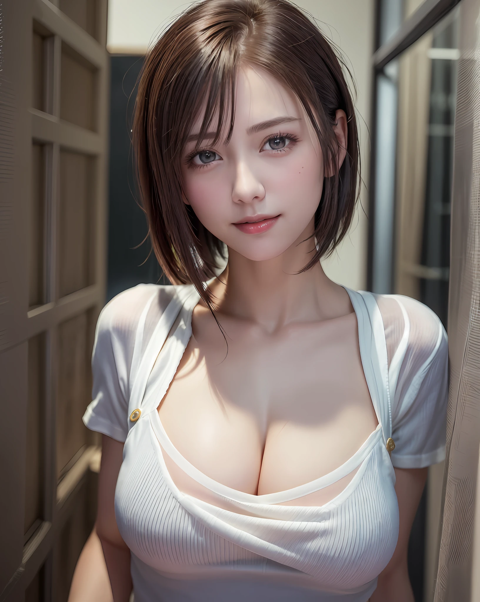 Best Quality, Ultra High Resolution, (Photorealistic: 1.4), Beautiful Eyes, Super Beautiful, Very Short Hair, Beautiful, Sweetheart, T-shirt with Rough Chest, Beautiful Soldier, Eyes That Invite Viewer, Lover's Perspective, Inviting Expression, Sexy Smile, Perfect Style, Perfect Balance, Detailed Skin, Naughty Gaze, Chest Visible