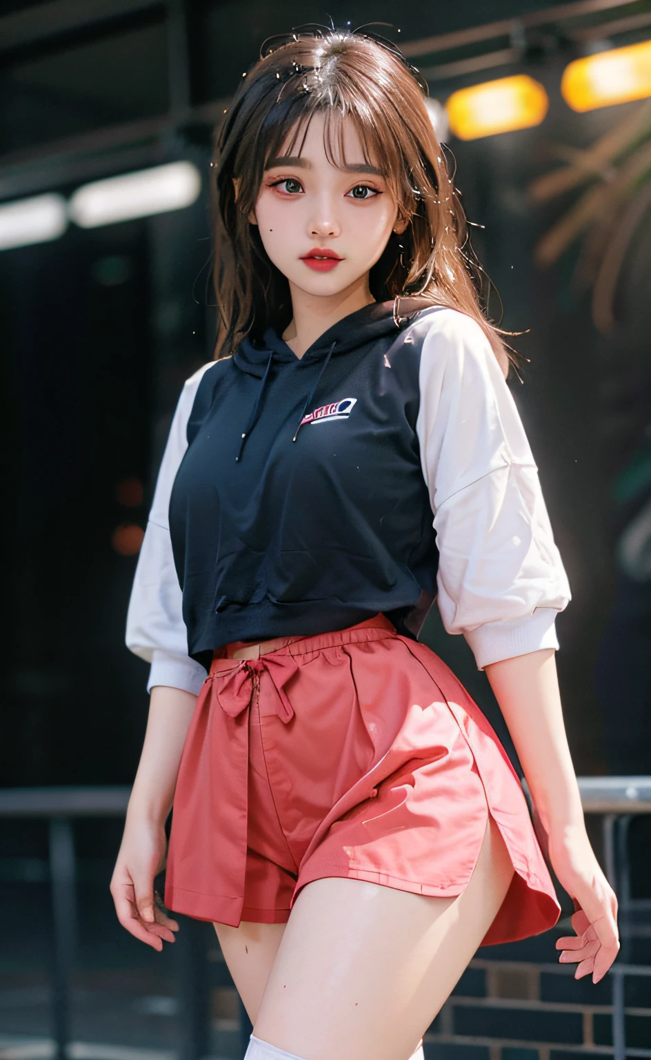 (masterpiece, realistic, high resolution), ((1 girl): 1.2), Korean, ((white wavy hair): 1.3), (heterochromia: 1.1, thick eyebrows,), (white hoodie, black sports shorts), ((medium breasts): 1.2, small waist, thigh), catwalk walk, masterpiece: 1.2, best quality), realism, (real pictures, rich detail details, depth of field), (1 girl, solo), makeup, high detail, perfect face shape, (: 1.4), (skin dents), thick thighs, wide hips, thin waist, high, coral, red lips, red eyes, ponytail (girls, shallow tulle, tulle transparent), (sweat: 1.2) , (wet), sexy, blush, (shy expression), shorts, short skirts, stockings, suspenders,