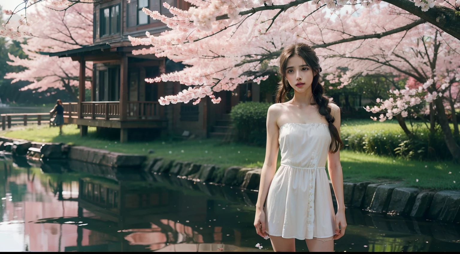 Beautiful Young Margaret Qualley, The Last of Us, game, glasses, tiny strapless dress, hyperrealistic, , model body, small breasts, beautiful breasts, long hair, braided hair, blonde hair, long legs, 8k, em lakefront, cherry blossom, sunlight, led lighting, blood on the wall, pool of blood, full of human remains, detailed reflection, anime style