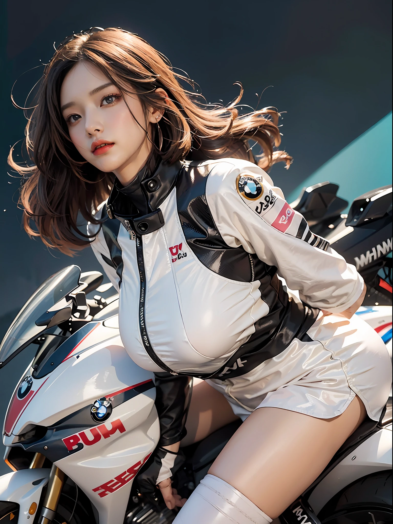 The highest image quality，Excellent detail，超高分辨率，（真实感：1.4），The best illustrations，Favor detail，Cinematic lighting，Highly concentrated，Korean star poster，1girll，exquisite and beautiful face，huge boob，Sexy pink white racing suit，Long hair，Hair flying，Hold the direction controller，(BMW streamlined motorcycle race)，riding a motorcycle，the background is a high-tech lighting scene of the city of the future。Detailed eyes，detailed nose，Detailed lips，Slender thighs，(Ultra-realistic skin texture)，White balance