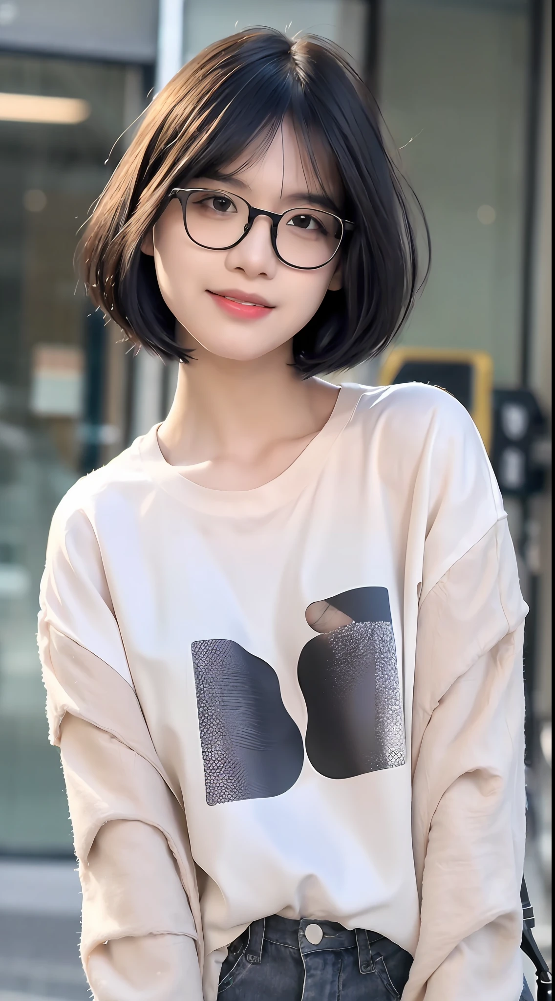 best quality, (photorealistic:1.2), 1girl, solo, shiny skin, detailed face, face focus, black hair, (glasses), bob cut, (looking at viewer:1.5), black eyes, (one eye closed), white shirt, torn jeans,