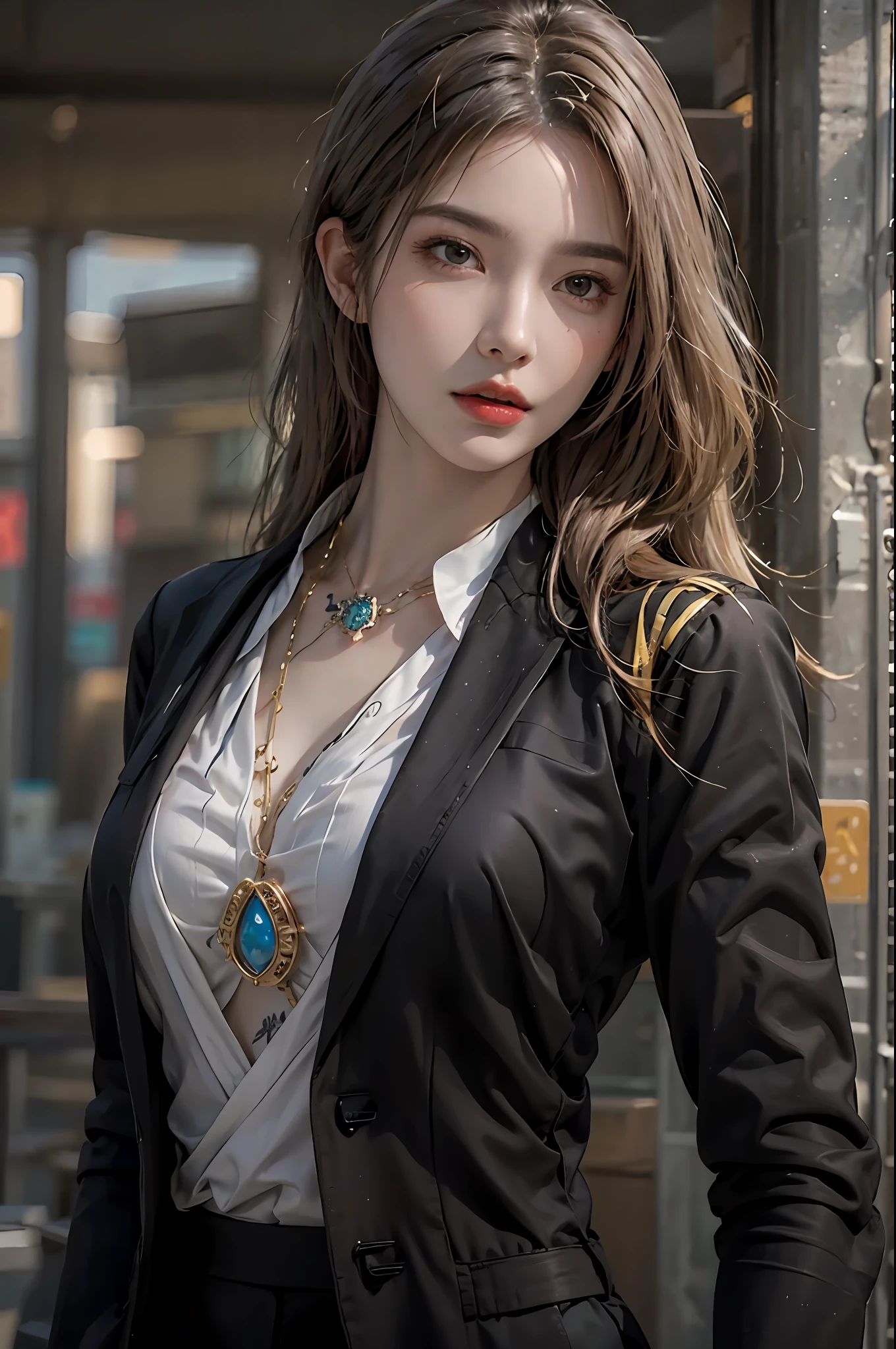 photorealistic, high resolution, 1women, solo, hips up, look at viewer, (detailed face), blode hair, black suit, mafia, tattoo, jewelry