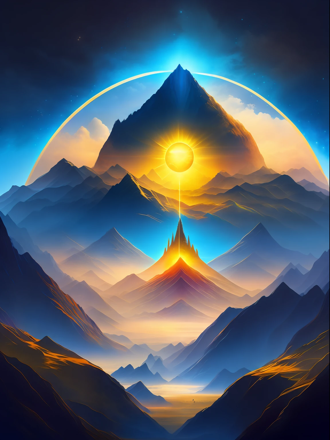 Land of Heavens, mountains illuminated by a mist, mist descending and ahead a tower with a giant eye on top, snake pupil, blue eye, Lord of the Rings, Sauron, all-seeing eye, eye of illuminaty, fantasy, yellow, orange tones, T-shirt design, midjourney, vector art, hydro74, solar flares, halo effects, chromatic abbreviation