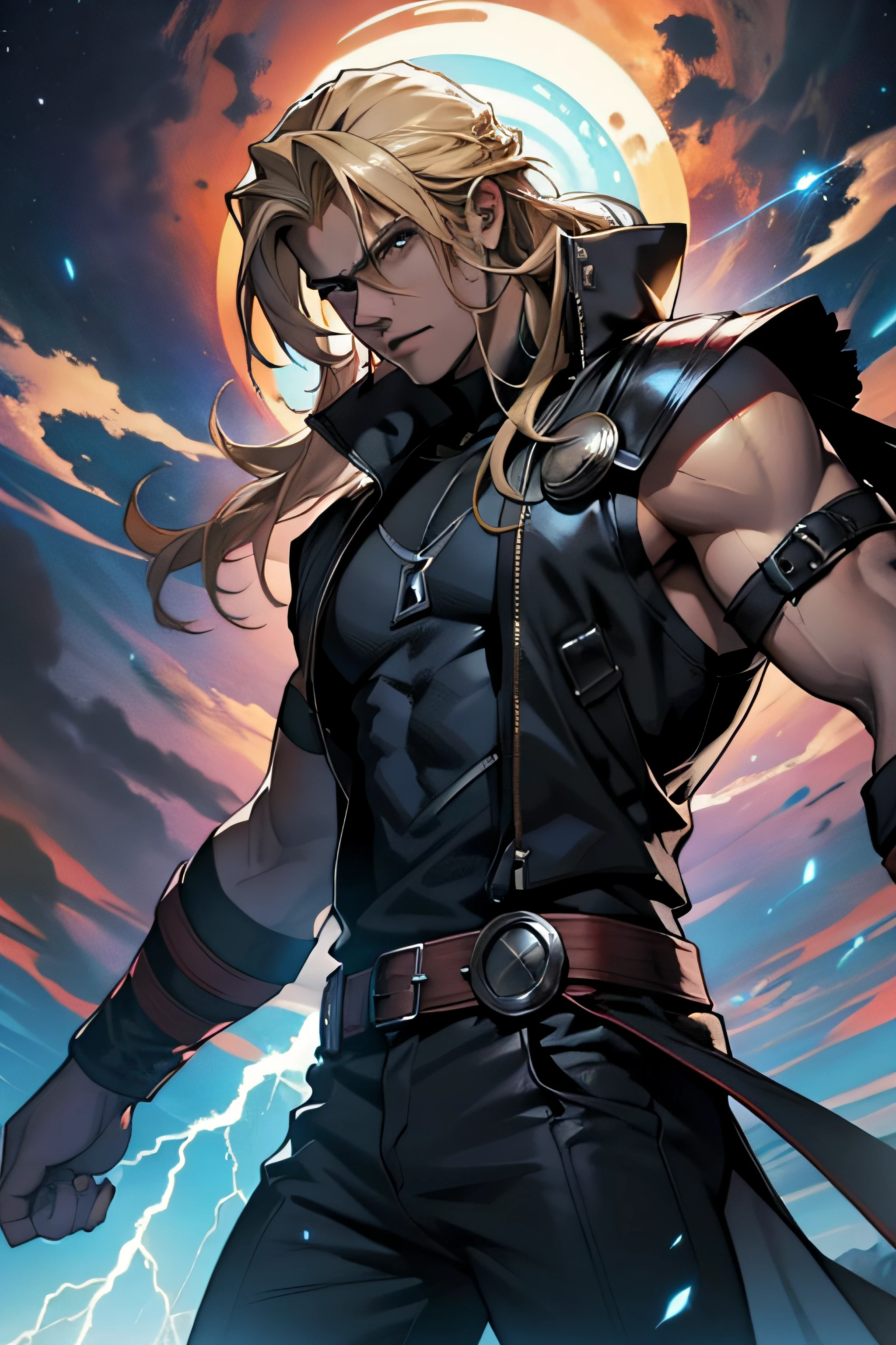 1 solo Thor com as roupas de Terry Bogard pretas, raios ao redor de si, thunder, thunder , cabelo blond, roupas pretas, vestes pretas, Nebula and smoke, black cloth, one arm behind his head and the other holding a lightning bolt, tempo fechado, tempo nublado, tempo escuro, cidade, raios ao redor