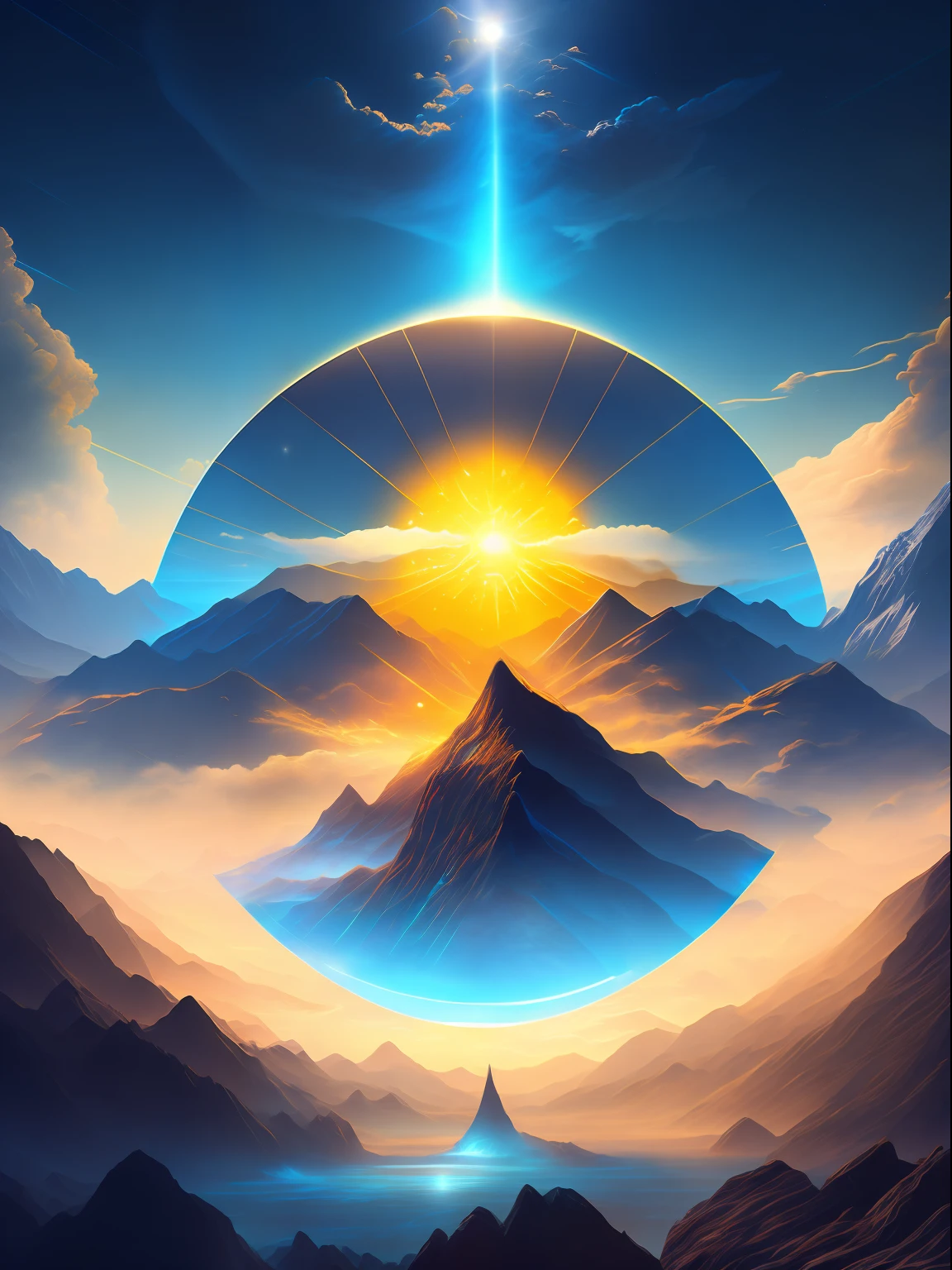 Best quality, masterpiece, ultra high res, (photorealistic:1.4), raw photo,Land of Heavens, mountains illuminated by a mist, mist descending and ahead a tower with a giant eye on top, snake pupil, blue eye, Lord of the Rings, Sauron, all-seeing eye, eye of illuminaty, fantasy, yellow, orange tones, T-shirt design, midjourney, vector art, hydro74, solar flares, halo effects, suite, cinematic lighting, serene bliss, diffused light, daylight, god rays, sun rays, chromatic abberation, caustics