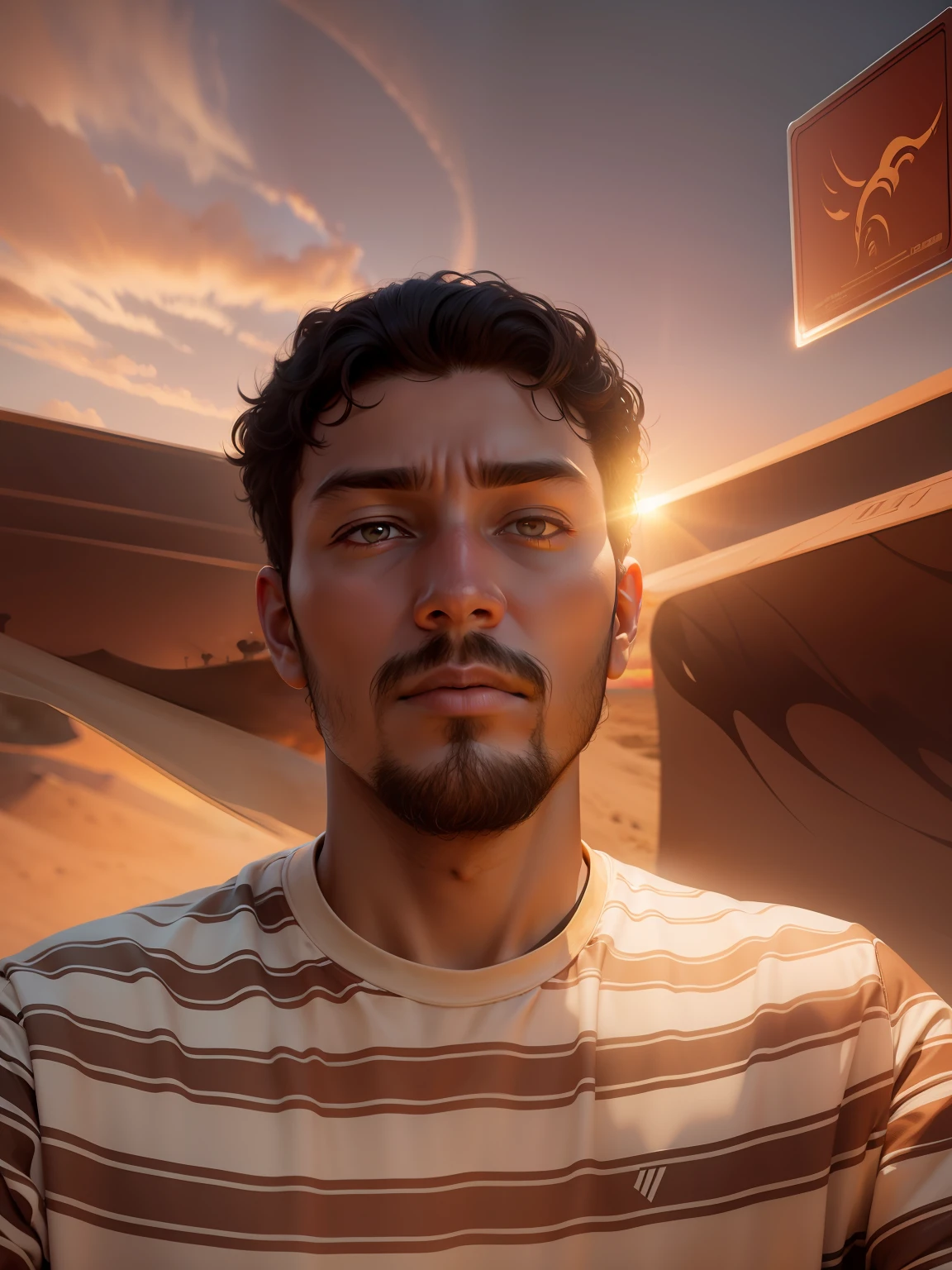 Change this person background in dune,sunset,professional product photography.