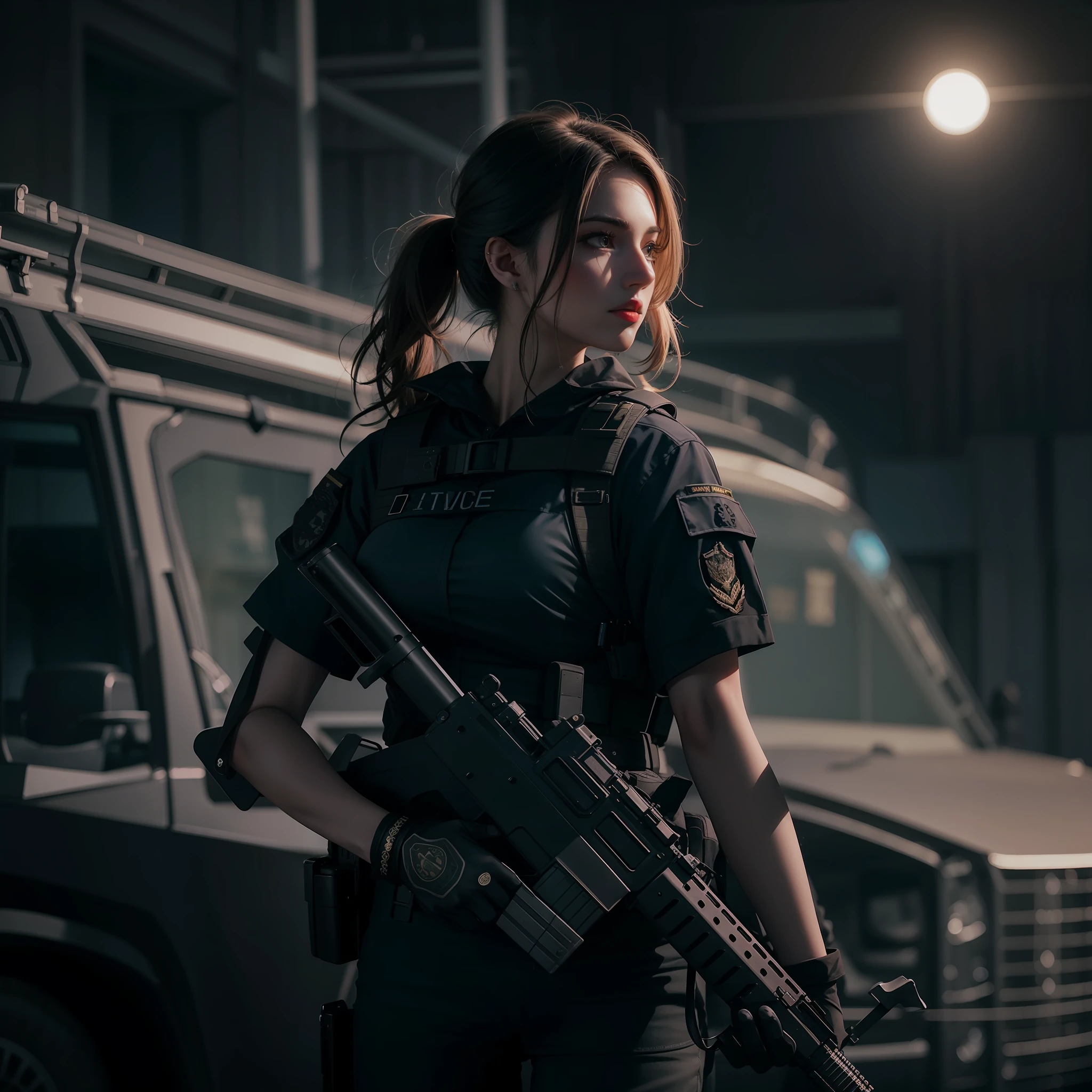 Beautiful tall attractive woman with black swat military uniform holding a gun night scenario with swat car with cyrene in best quality and best effects best shadows best lighting 8k