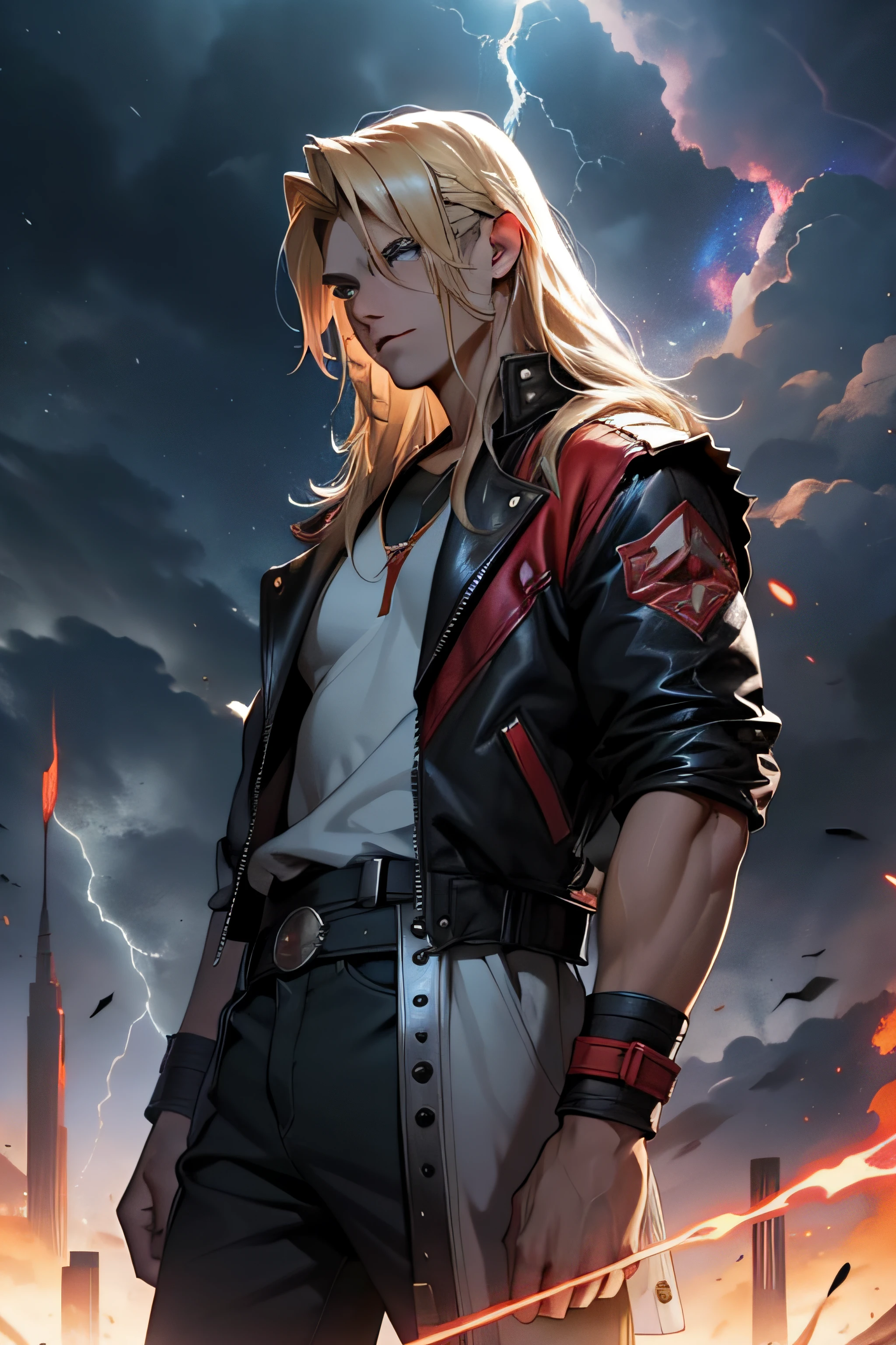 1 solo Thor com as roupas de Terry Bogard pretas, raios ao redor de si, thunder, thunder , cabelo blond, roupas pretas, vestes pretas, Nebula and smoke, black cloth, both hands together holding a lightning bolt, um thunder, tempo fechado, tempo nublado, tempo escuro, cidade, raios ao redor