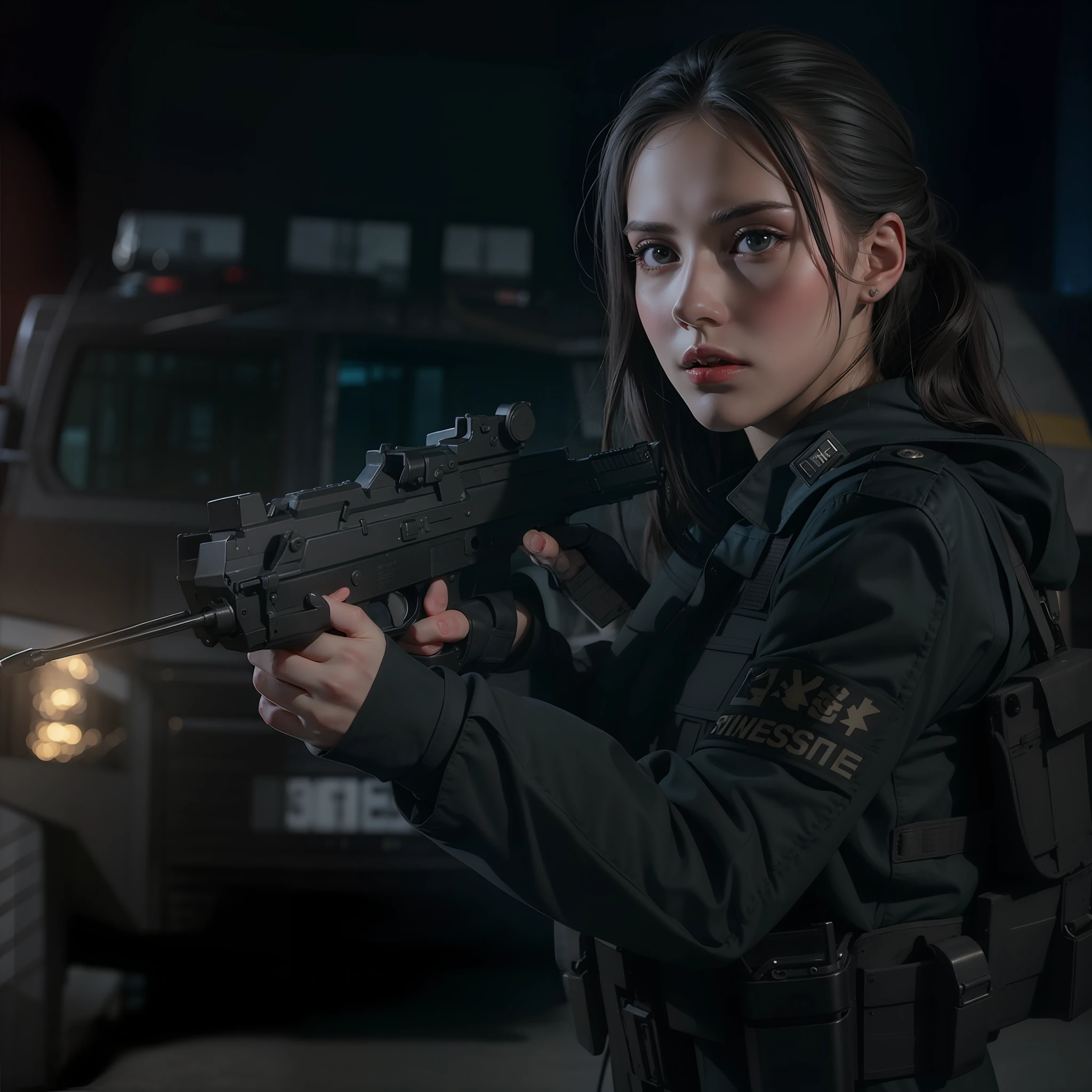 Beautiful tall attractive woman with black swat military uniform holding a gun night scenario with swat car with cyrene in best quality and best effects best shadows best lighting 8k