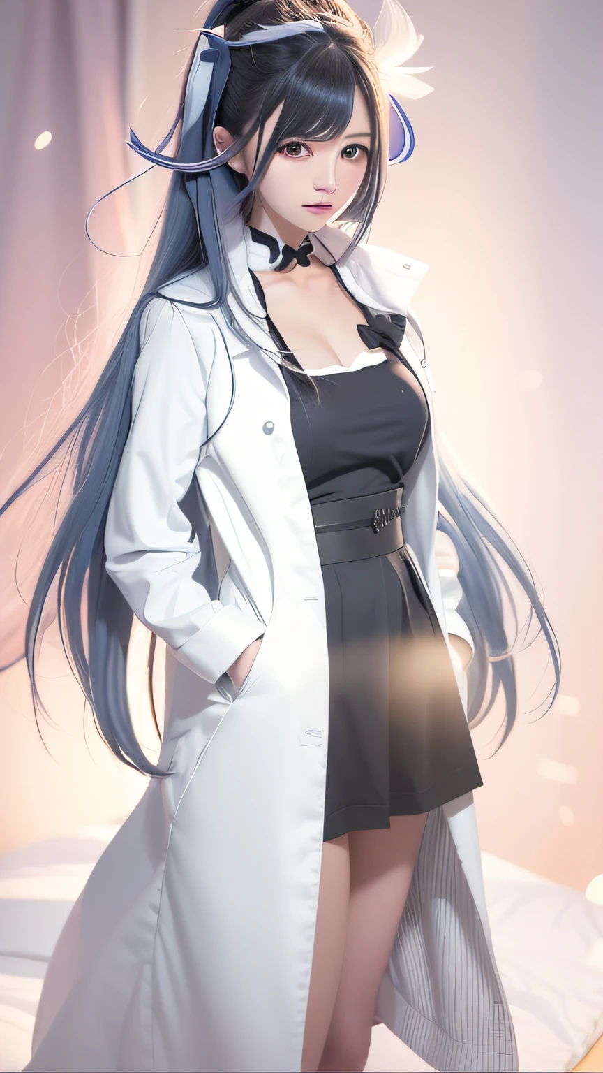 Anime girl with long hair and white coat and bow tie,Blue hair high ponytail with lab coat, Wearing a lab coat, Anime moe art style, reisen udongein inaba, kurisu makise steins gate anime, wearing lab coat and a blouse, mayuri shiina from steins gate, Cartoon anime