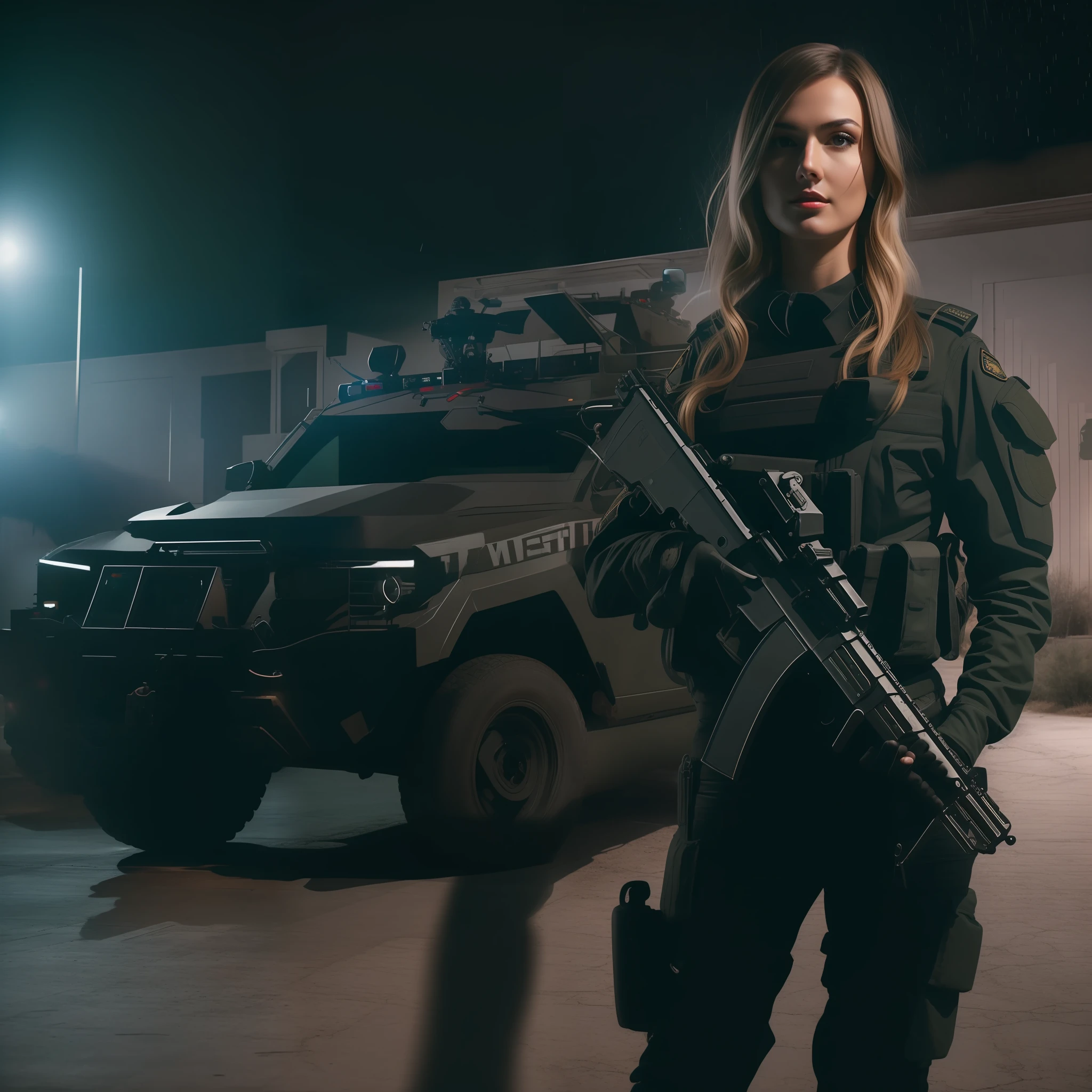 Beautiful tall attractive woman with black swat military uniform holding a gun night scenario with swat car with cyrene in best quality and best effects best shadows best lighting 8k