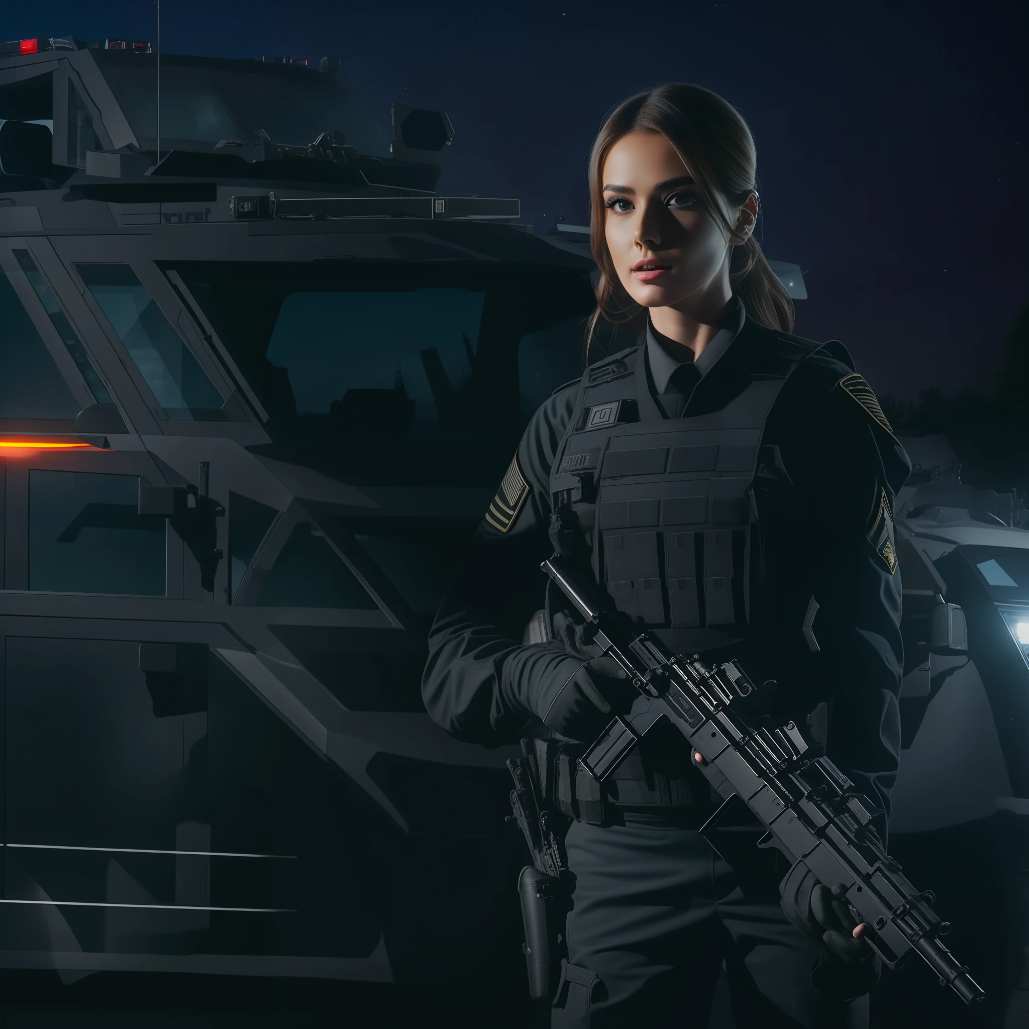 Beautiful tall attractive woman with black swat military uniform holding a gun night scenario with swat car with cyrene in best quality and best effects best shadows best lighting 8k