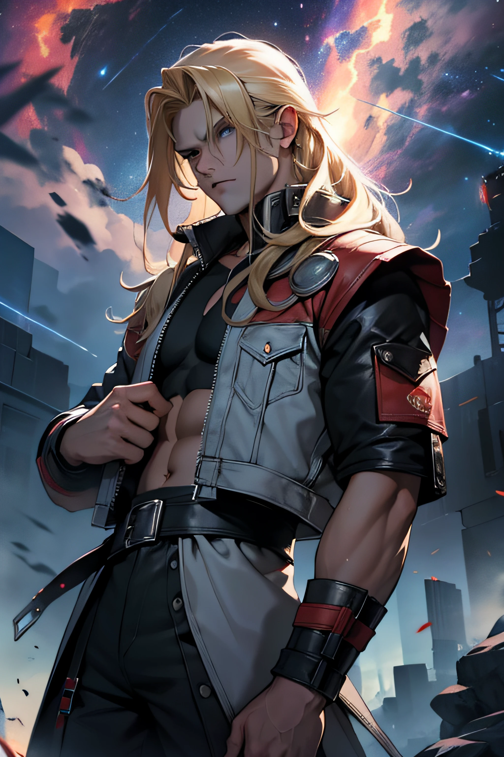 1 solo Thor com as roupas de Terry Bogard pretas, raios ao redor de si, thunder, thunder , cabelo blond, roupas pretas, vestes pretas, Nebula and smoke, black cloth, both hands together holding a lightning bolt, um thunder, tempo fechado, tempo nublado, tempo escuro, cidade, raios ao redor