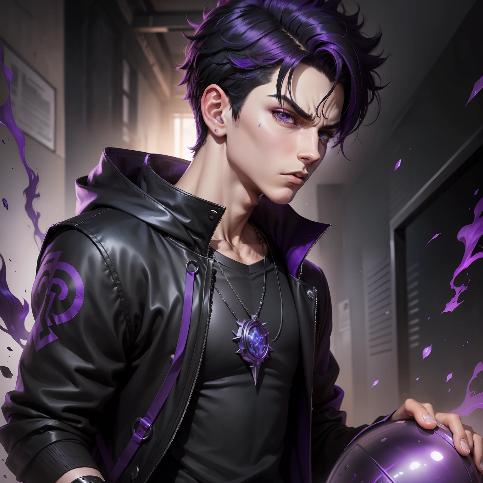(Boy with black and purple hair:1.2, black long clothes, angry expression, style of Percy Jackson)