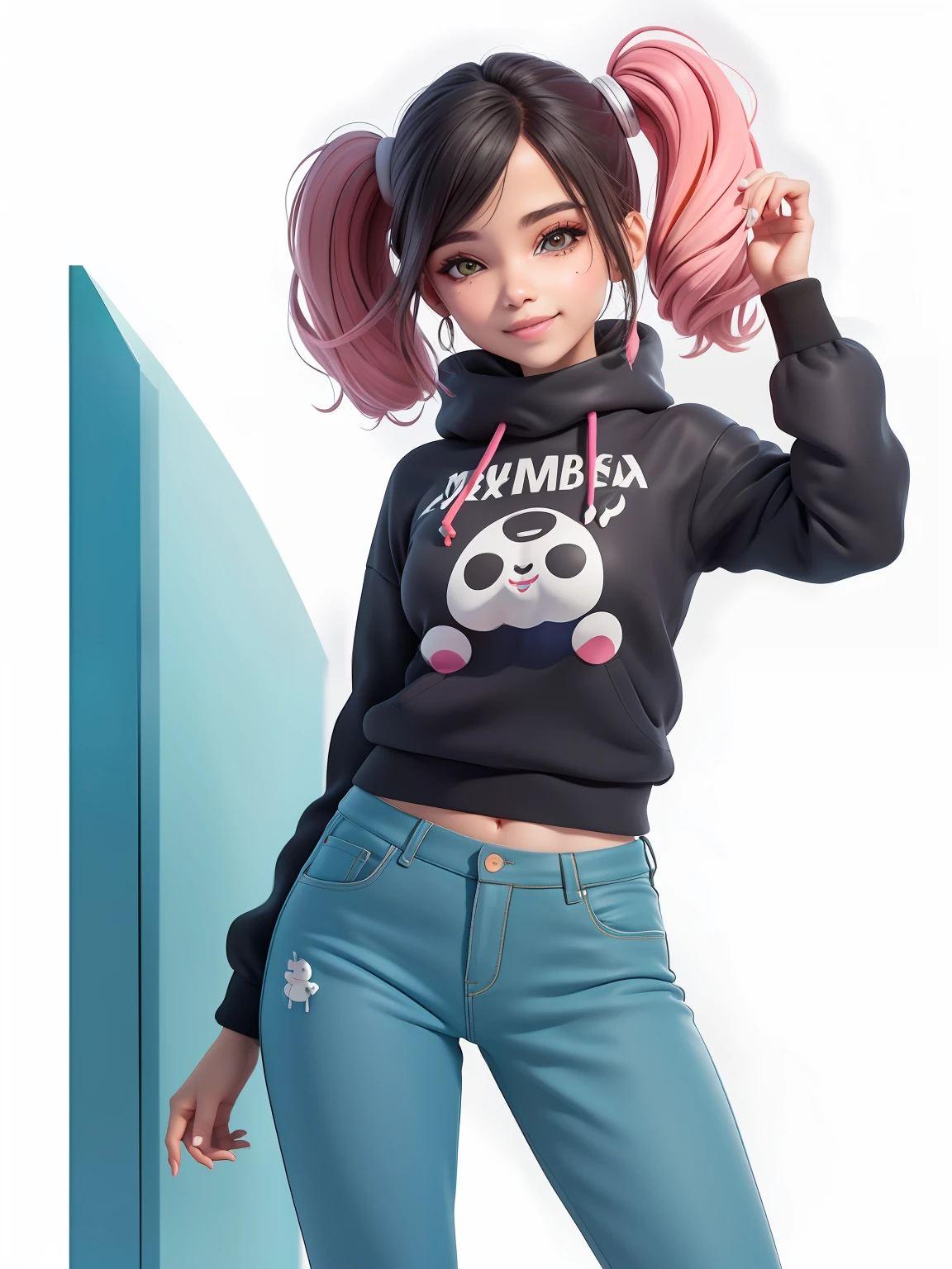 (obra-prima), (melhor qualidade), (ultra-detalhado), (corpo inteiro: 1.2) negra bonita e fofa, tema neon, moletom colorido, Knitted jumpsuits, Pants, jaqueta, blusa, sorriso claro, corpo inteiro, :3, fundo tom pastel , colorido e simples.