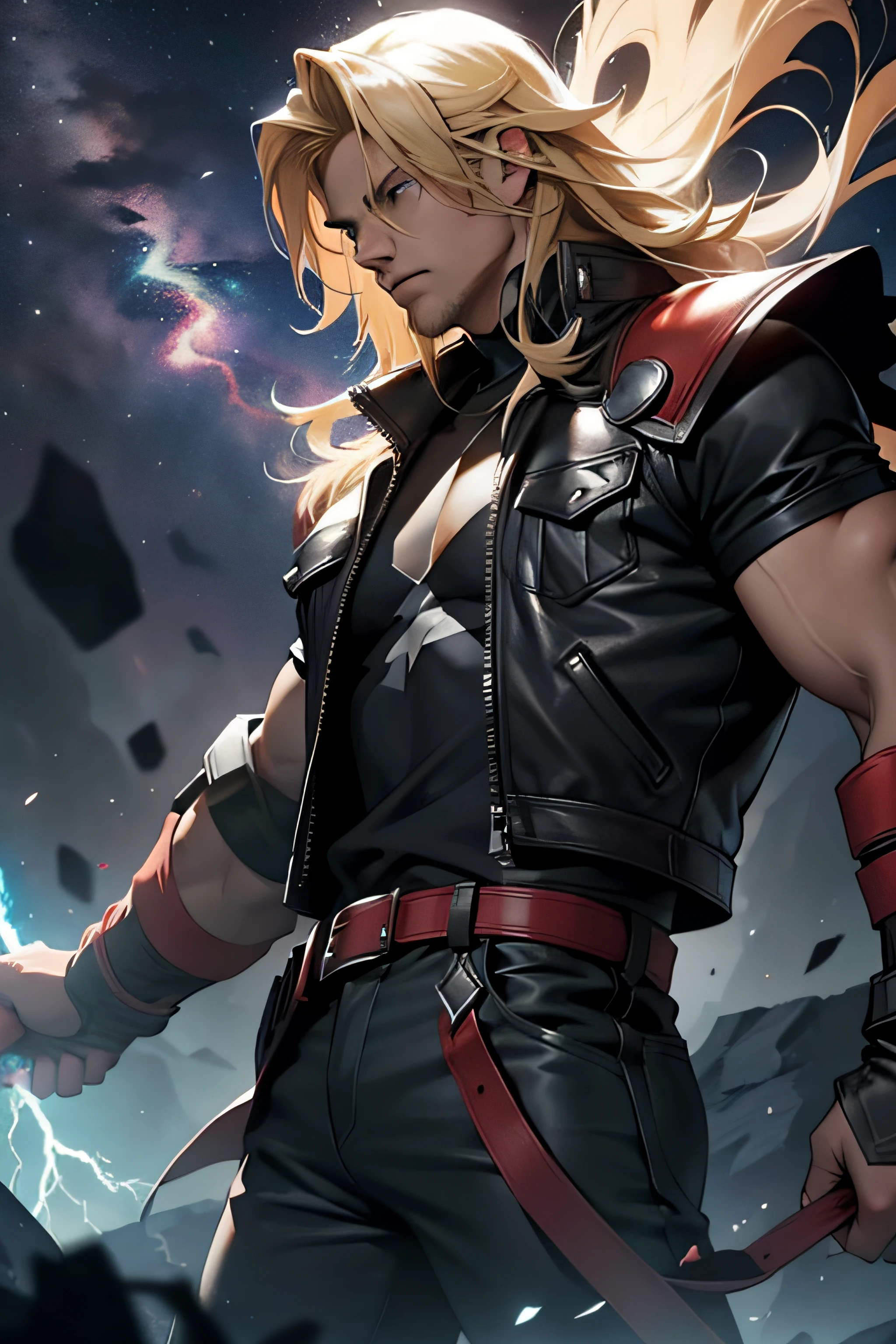 1 solo Thor com as roupas de Terry Bogard pretas, raios ao redor de si, thunder, thunder , cabelo blond, roupas pretas, vestes pretas, Nebula and smoke, black cloth, both hands together holding a lightning bolt, um thunder, o raio de Thor, tempo fechado, tempo nublado, tempo escuro, cidade, raios ao redor