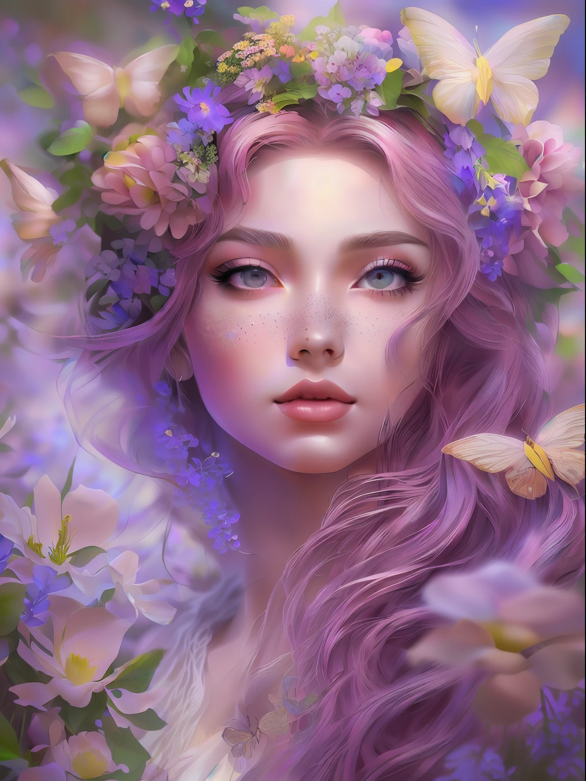 This artwork is dreamy and in the style of mythic fantasy, with soft watercolor hues in varying shades of pink, blue, and purple. Generate an ornate figure from Greek mythology and realistic skin and hair texture. Her strong, proud face has realistically shaded eyes and puffy lips, and a big mouth. Her soft, realistic hair is dancing in the breeze along with the flowers and detailed butterflies that surround her. Include highly detailed fantasy touches including a beautiful watercolor sky. Include 8k eyes, hires eyes, beautiful detail eyes, beautiful detailed eyes, and realistic eyes. Include fantasy details, enhanced details, iridescence, and colorful glitter. Pay special attention to her face and make sure it is beautifully and realistically detailed. 8k, intricate, elegant, highly detailed, majestic, digital photography, art by artgerm and ruan jia and greg rutkowski, (((masterpiece, finely detailed beautiful eyes: 1.2))), hdr, ((realistic skin texture)), rays of light, ornate flowers, dew drops, sunlight, hazy rays of sun, flowergateway style, castle, palace, archway, flowers, growing