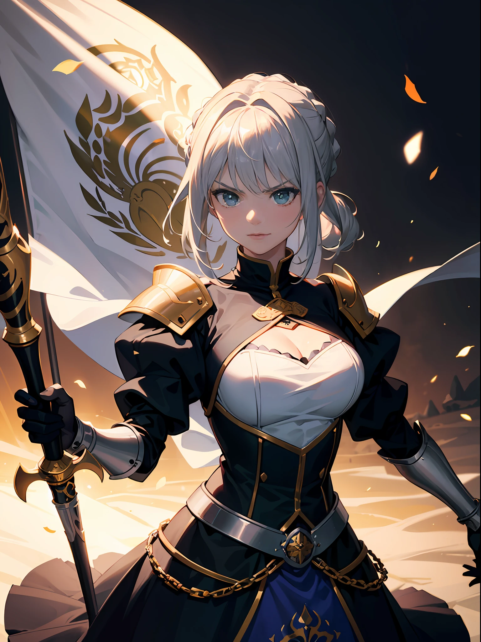 ((Best quality, 8K, Masterpiece: 1.4)),((Amazing detail: 1.3)),((illustration, Hairstyle Casual: 1.2)),((High resolution: 1.1)), 1girl, Artoria Pendragon, silver armor, green eyes, flag, holding flag, medieval, Victorian, divine, saber(Fate/Grand Order), chignon, golden hair, Combat posture, soft light, cinematic lighting, chiaroscuro, angry, amazing painting art,