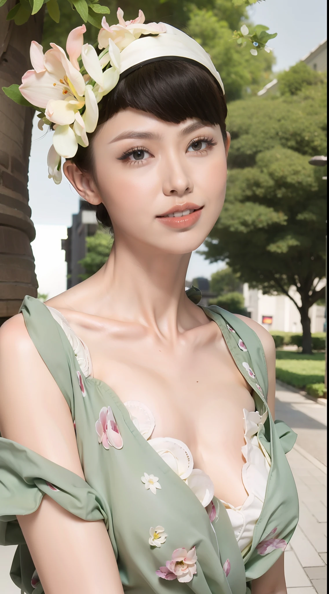 Fashion model 20 years old [[[[closeup cleavage]]]], [[[[boobgasm]]]], [[[[coll]]]], [[[[bshoulders]]]], perfect  eyes, Perfect iris，Perfect lips，perfect teeth，Perfect skin，with fair skin，Long face，slender nose，Soft front light，hdr，Movie girl，Casual，The background is outdoor，Green trees and flowers，（pastel colour：1.2）