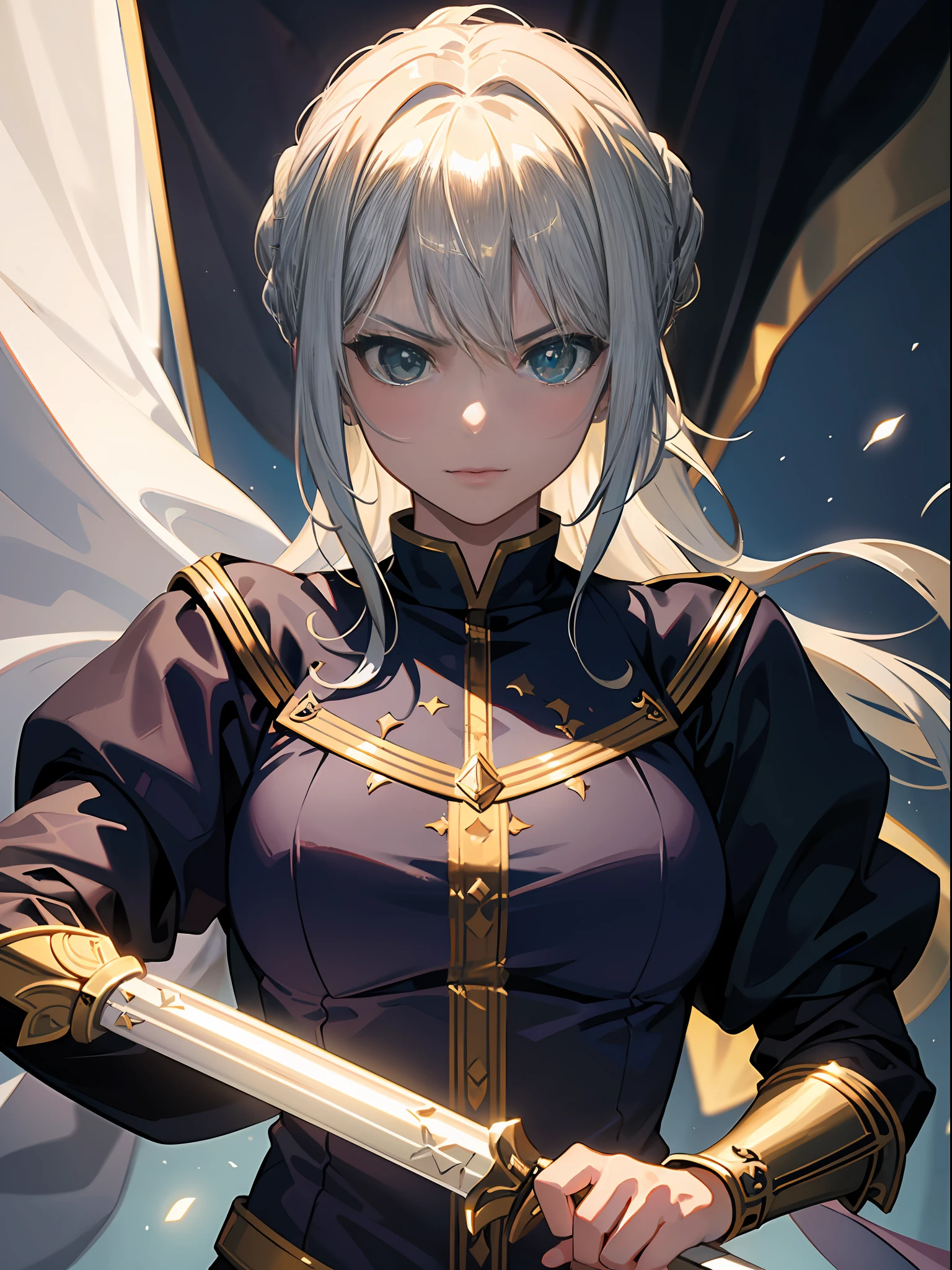 ((Best quality, 8K, Masterpiece: 1.4)),((Amazing detail: 1.3)),((illustration, Hairstyle Casual: 1.2)),((High resolution: 1.1)), 1girl, Artoria Pendragon, silver armor, green eyes, flag, holding flag, medieval, Victorian, divine, saber(Fate/Grand Order), chignon, golden hair, Combat posture, soft light, cinematic lighting, chiaroscuro, angry, amazing painting art,