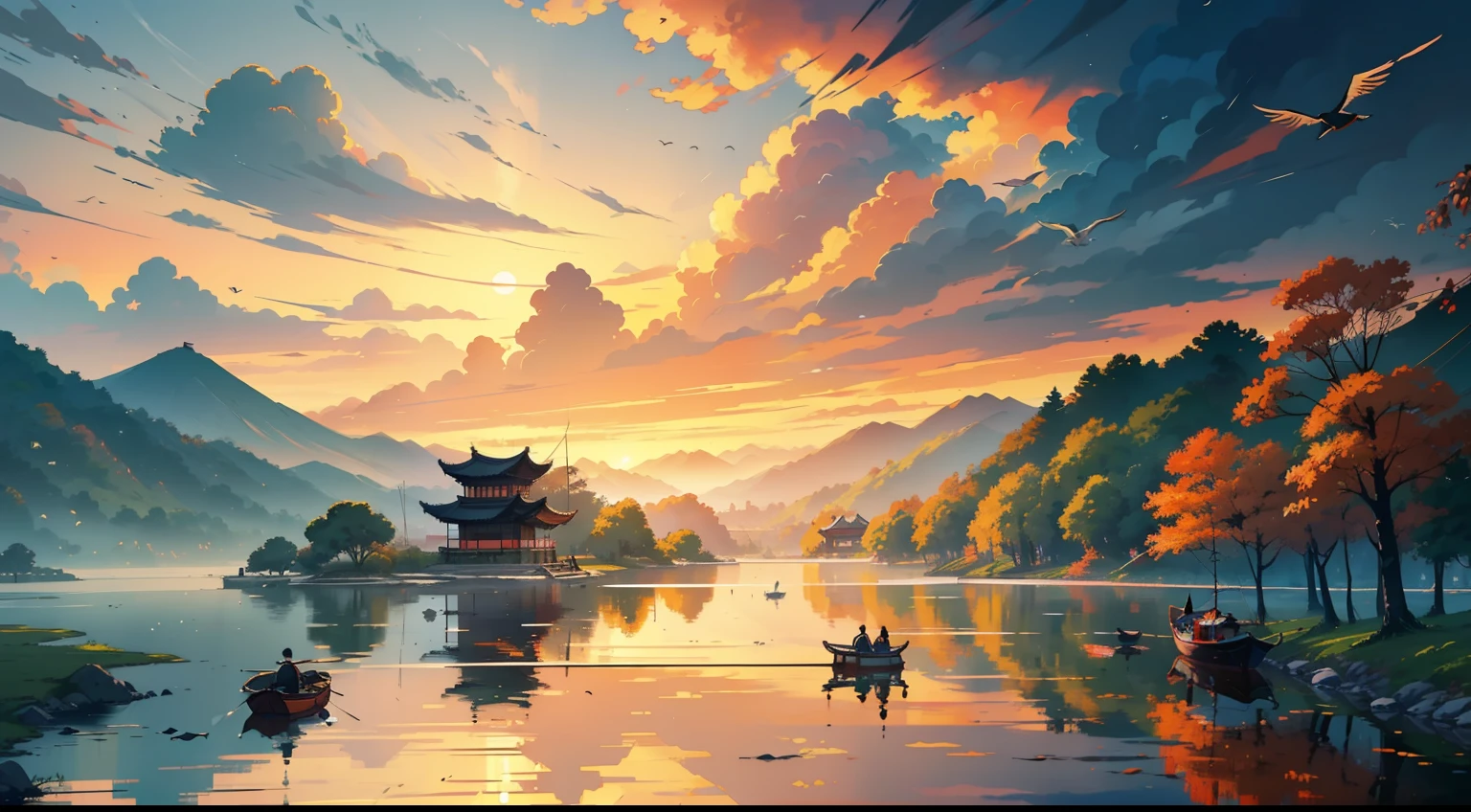 Embroidery,Leaning over,Yamabara has a clear view,Kawasawa was shocked。Lu Yan flew to the ground,Bell Ringing Food House;Shipult Yazu,Green Sparrow Yellow Dragon Jia no Jia。The clouds are raining,Cai Che District Ming。The sunset and the solitary crane fly together,The autumn water is the same for a long time。Fishing boats sing late,Sound the shore of the poor Pengli;The geese were chilled,Sound cut off Hengyang no Pu。(Sunset landscape painting),((The vista is a huge sunset over the skyline)),(Connected to the lake),((flying birds)),((A couple of boats)),Autumn tones,(an Chinese ink painting style),(masterpiece),(Extremely detailed picture description),(8k wallpaper),(master painting),(Noticeable light and shadow effects),(Ray traching),(Obvious layers),(depth of fields),(best qualityer),RAY