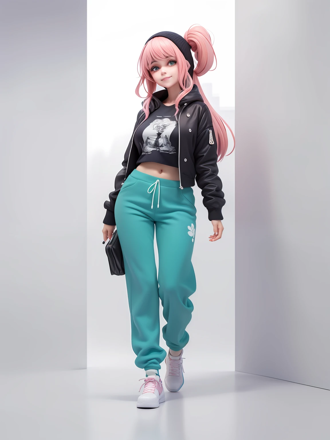 (obra-prima), (melhor qualidade), (ultra-detalhado), (corpo inteiro: 1.2) menina bonita e fofa, tema neon, capuz, moletom colorido, Knitted jumpsuits, Pants, jaqueta, blusa, sorriso claro, corpo inteiro, :3, fundo tom pastel , colorido e simples.
