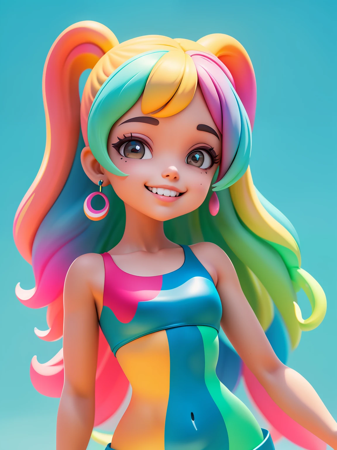 (obra-prima), (melhor qualidade), (ultra-detalhado), (corpo inteiro: 1.2) menina morena bonita e fofa, tema neon,  sorriso claro, corpo inteiro, :3, fundo tom pastel , colorido e simples.