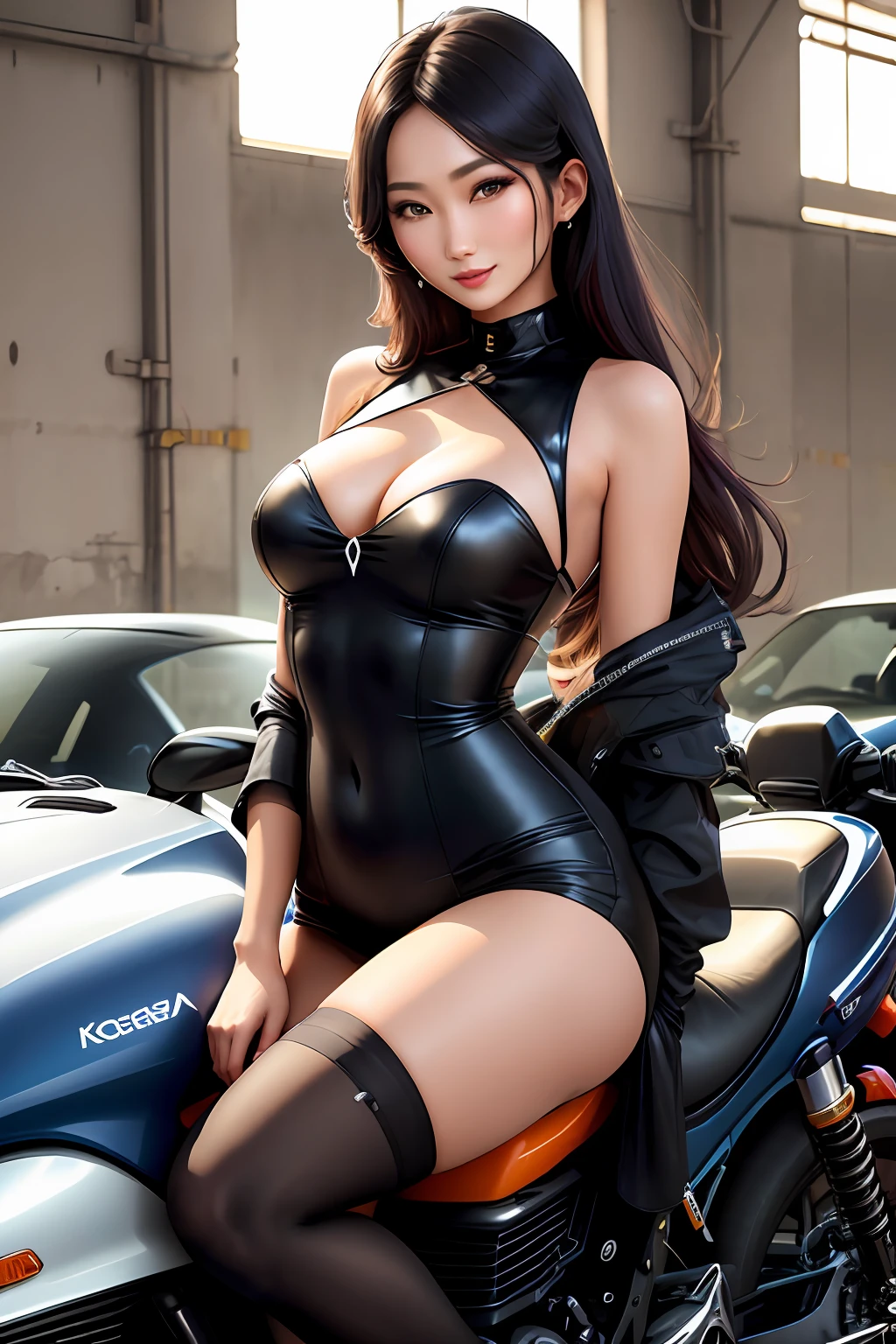 Modella koreana sorridente vestiti sexy bellissimo sedere vestita aderente trasparente da meccanico di auto da corsa in officina