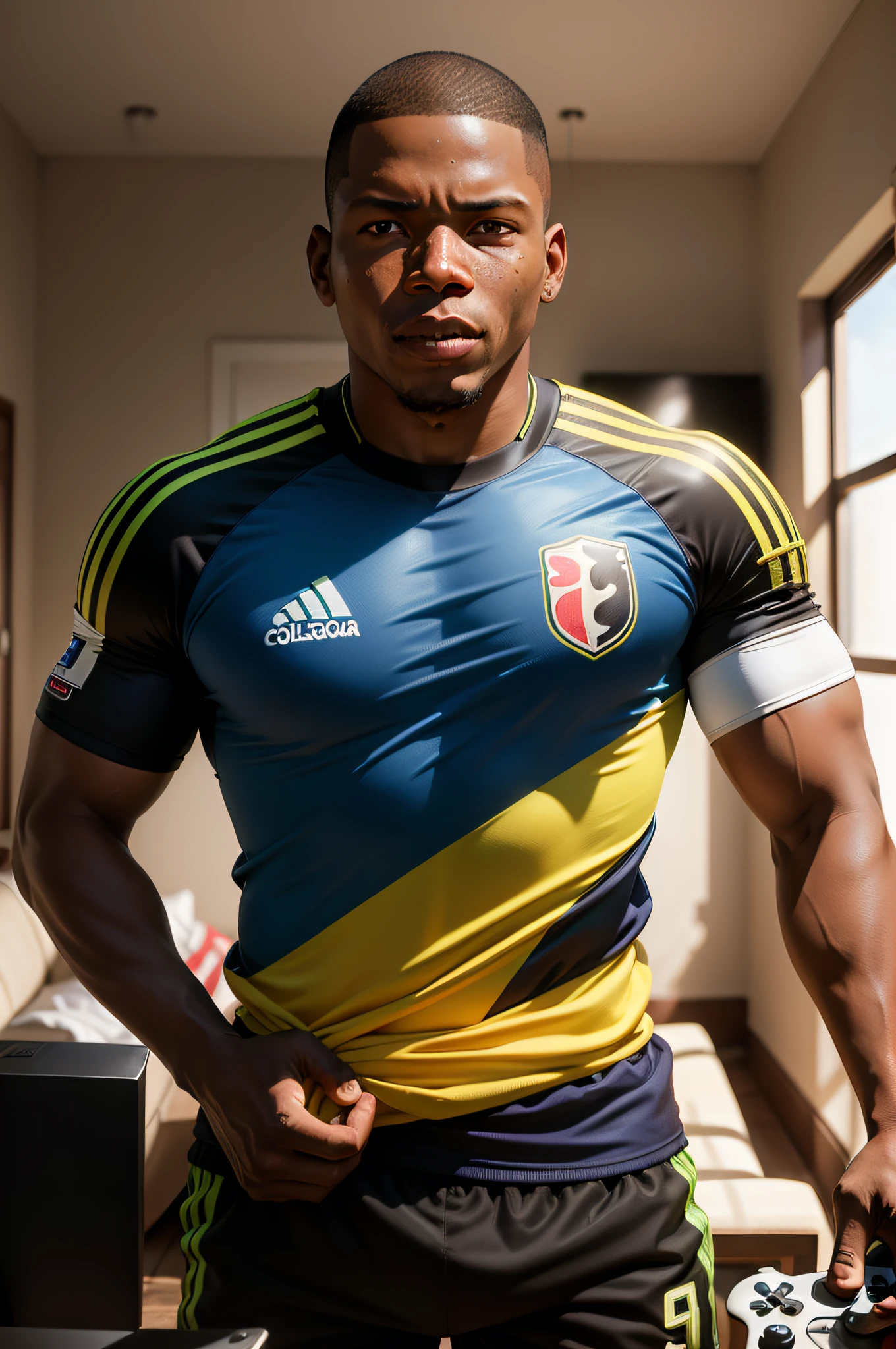 Faustino Asprilla, holding a game controller in your hands in a room playing video games, Colombia national football team uniform, rosto detalhado, olhos detalhados, pele negra, cabelo raspado, Ki ao redor, energia ao redor