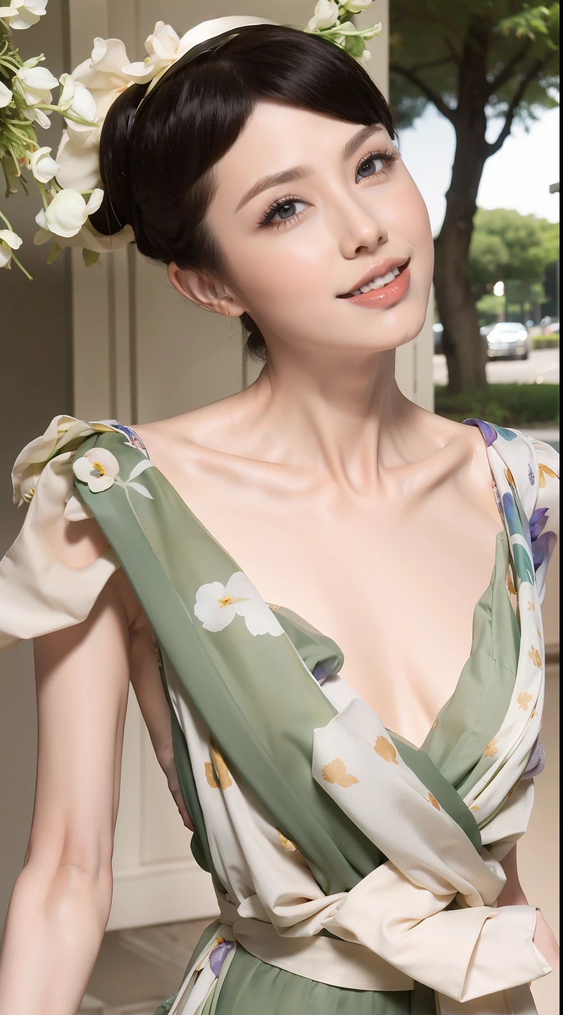 Fashion model 20 years old [[[[closeup cleavage]]]], [[[[boobgasm]]]], [[[[coll]]]], [[[[bshoulders]]]], perfect  eyes, Perfect iris，Perfect lips，perfect teeth，Perfect skin，with fair skin，Long face，slender nose，Soft front light，hdr，Movie girl，Casual，The background is outdoor，Green trees and flowers，（pastel colour：1.2）