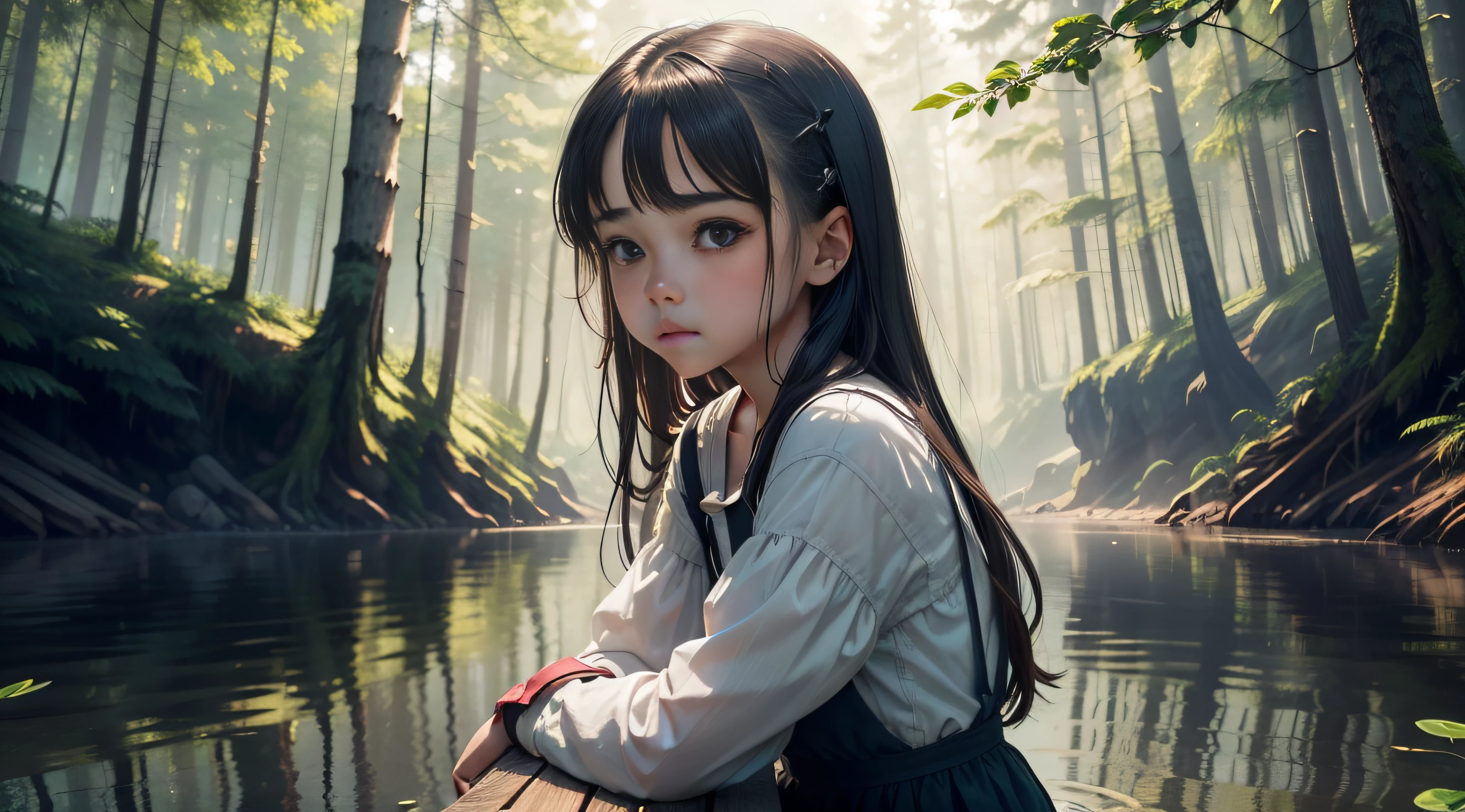 An intimate portrait of a young girl, no older than ten years old, sitting alone on a wooden dock jutting out onto a tranquil lake. She gazes down at the water, her hands clasped tightly together in her lap. Her hair is dark and tangled, falling just below her ears, and her eyes are large and brimming with unshed tears. The sun casts a warm glow across the scene, illuminating the ripples in the water and casting gentle shadows upon the girl's face. Behind her, a dense forest stretches away into the distance, its thickets of green providing a stark contrast to the pale blue sky above. Despite the peaceful surroundings, there is a palpable sense of sadness emanating from the girl, as if she carries a weight too heavy for her small frame.