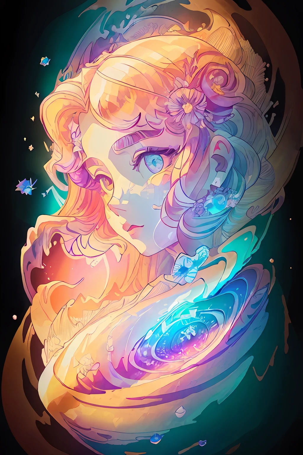 in the style of 0mib、a beauty girl、Prism chips、Fractal circle reflection、Ink Sputtering、Melting brush strokes、Particle vortex、Dramatic Lighting、hightquality、8K high resolution、Glossiness、Beautiful fece、masterpiece、meadow background