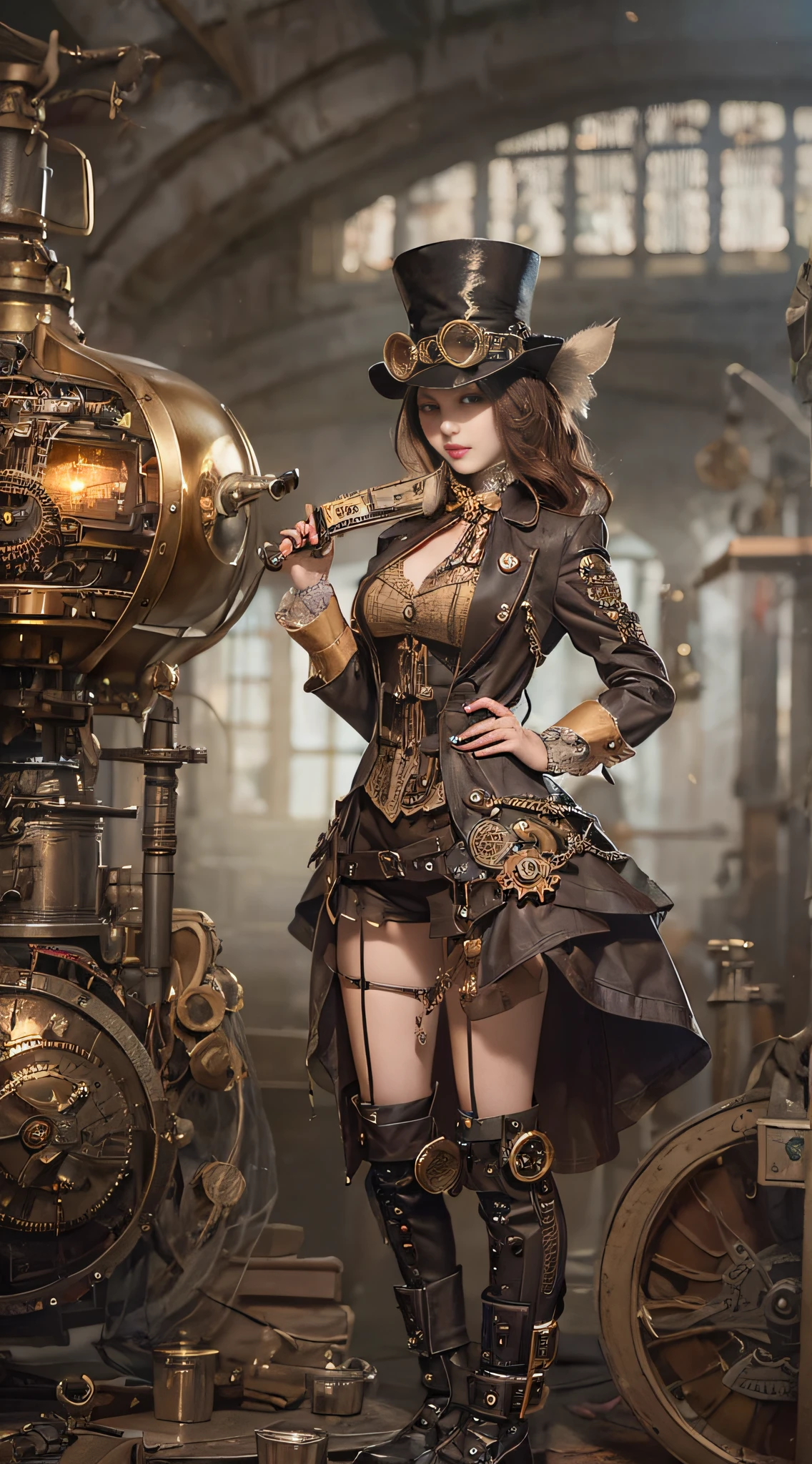 Femme arafee en tenue steampunk debout a cote d une machine a vapeur SeaArt AI