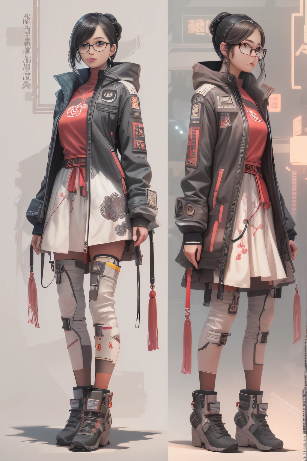 full-body view:1.5,(China - chic Chinese intellectual girl,anatomy correct,Wear stylish glasses,Modern minimalist and stylish design,cyber punk perssonage,Oriental elements),(China - Fashion illustration:1.5,Vector painting:1.5),(Chinese colors,cyber punk perssonage,senior color matching,gradient backgrounds,white backgrounid),(The is very detailed,reasonable design,Clear lines,High- sharpness,best qualtiy,tmasterpiece,offcial art,movie light effect,4K)
