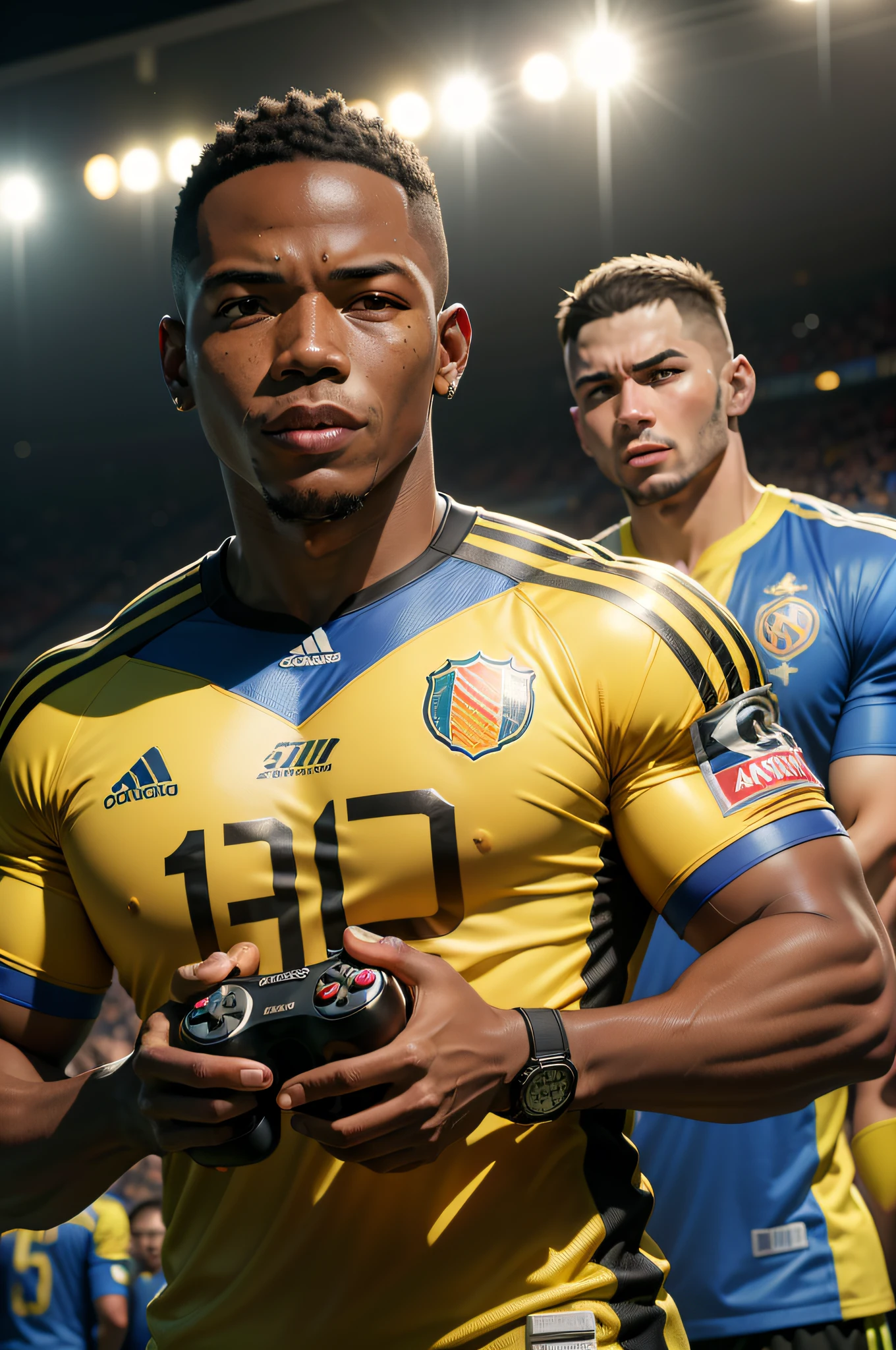 Faustino Asprilla, sentado em uma cadeira gamer, holding a video game controller in his hands and in the background a football stadium, Colombia national football team uniform, Colombia Yellow National Team Jersey, rosto detalhado, olhos detalhados, pele negra, cabelo raspado, Ki ao redor, energia ao redor