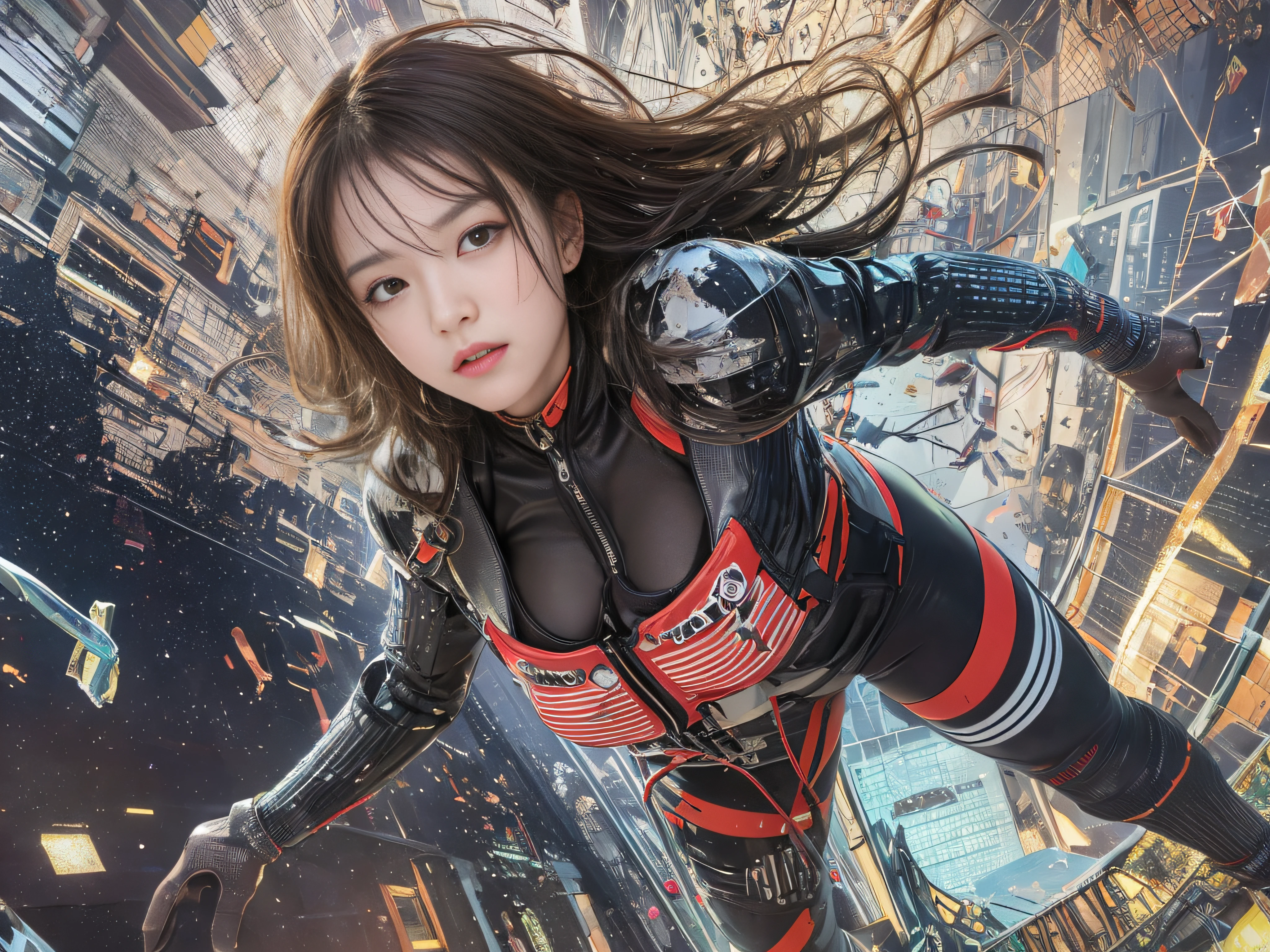 Top image quality, 电影灯光, octan render, ultrasharp, 1 girl in, japanes, embarassed face, glowy skin, Brown hair, Futuristic pilot suit, cleavage of the breast, Exposure of the abdomen, intricate detailes, Runaway, Running at full speed, Breaking through the glass, Flying glass fragments, cyberpunked, Night sky with countless stars twinkling, Shining Milky Way, Heavy rain:1.3, Ruins, Laser beam attack, big explosion:1.3, Pillar of fire:1.2, A city engulfed in flames, floods, wetting hair:1.5, wetted skin:1.5, puddle, Detailed eyes, detailed skin textures, cammel toe, Detailed CG image quality, 8mm fisheye lens, Angle looking up from below:1.2, (Full Body Angle), The whole body is soaking wet, Fast shutter speed,