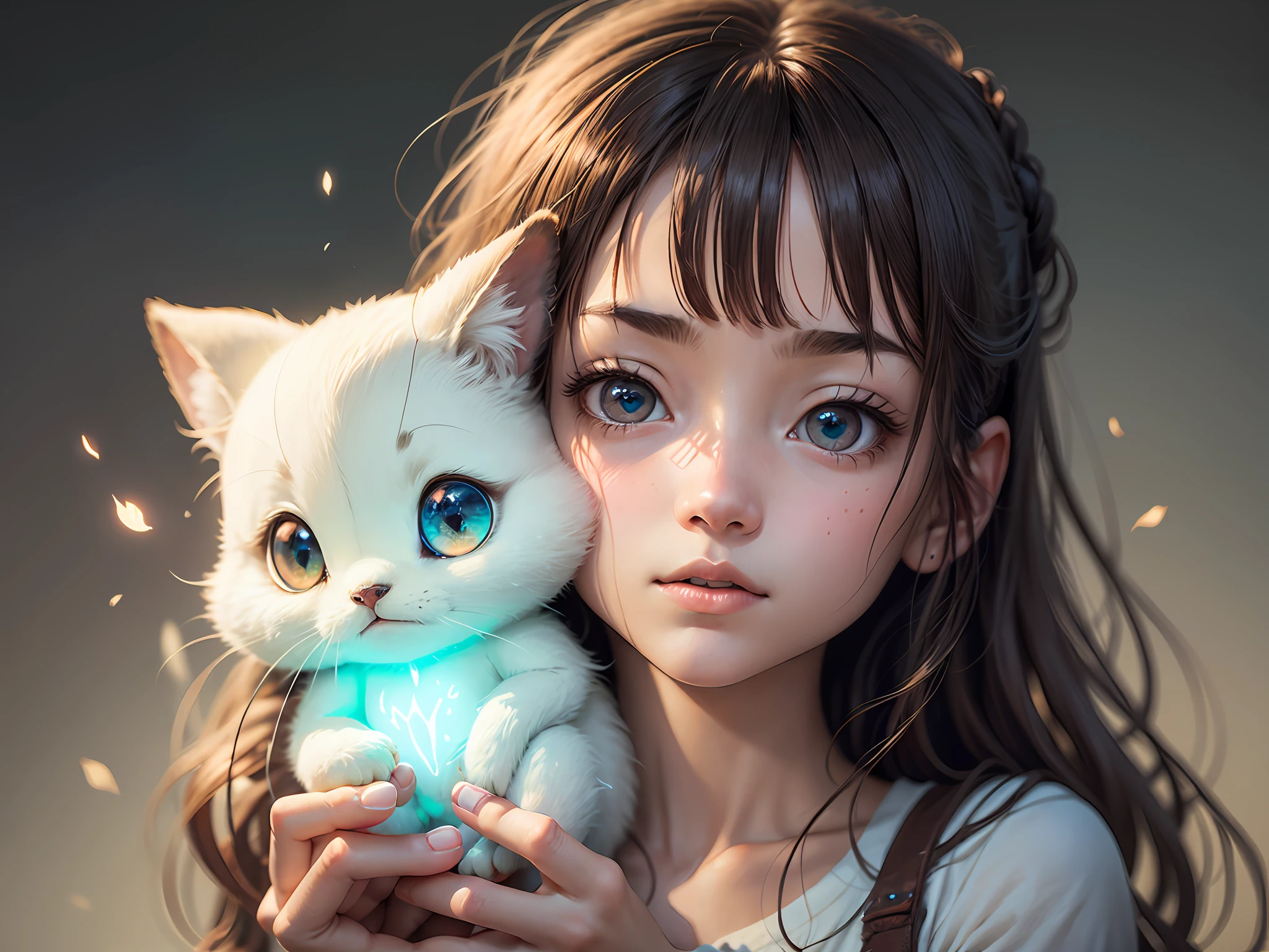 Close-up of a young girl with large, expressive eyes, holding a tiny, glowing creature in her hands, her face illuminated by the soft, magical glow, embodying an atmosphere of innocence and wonder, 2d, ghibli anime --auto --s2